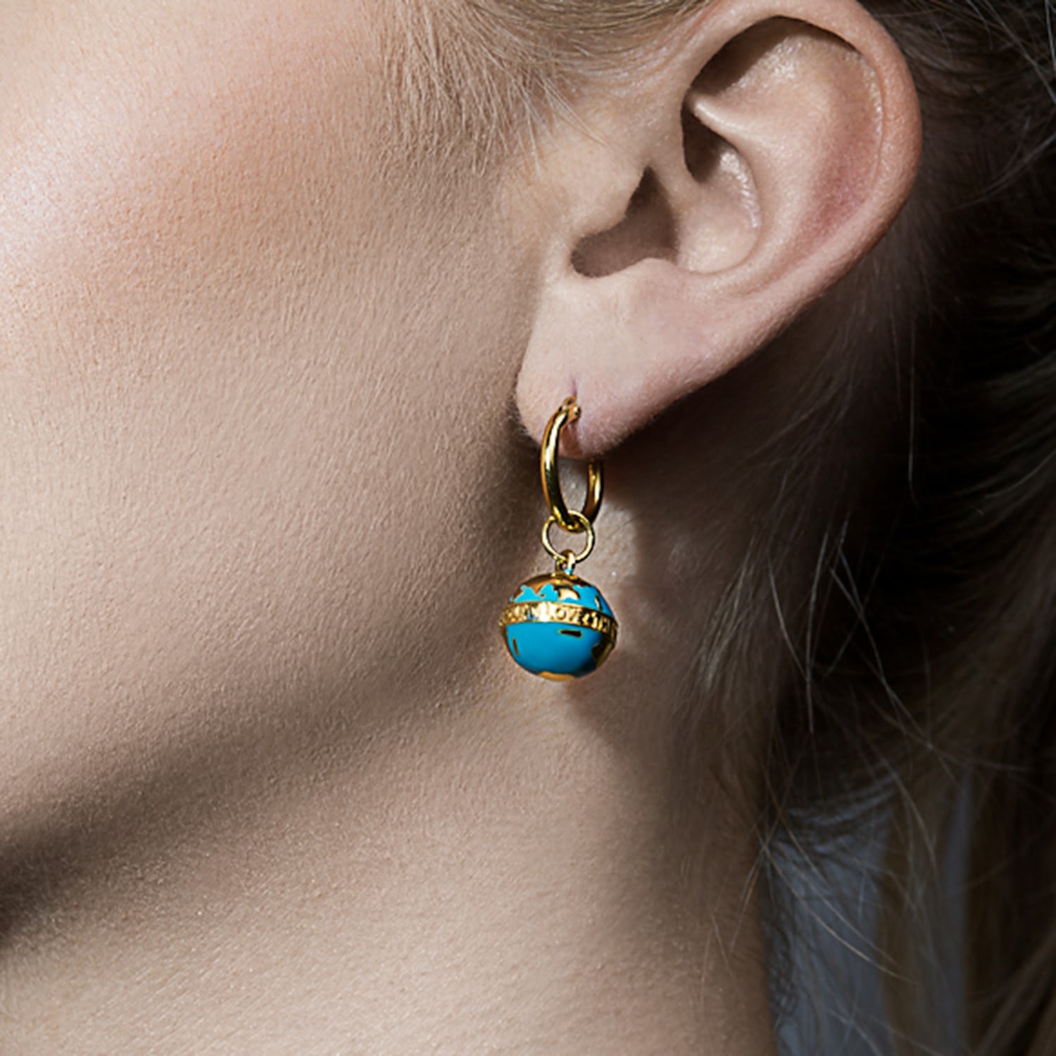 Turquoise Enamel & 18Kt Gold Plated Globe Earring On Gold Hoop.