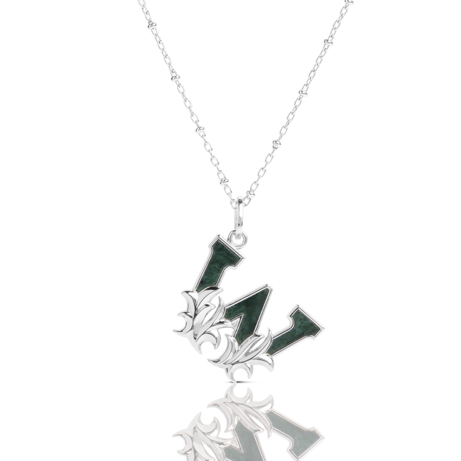 Solid Silver W Initial Necklace With Green Marble