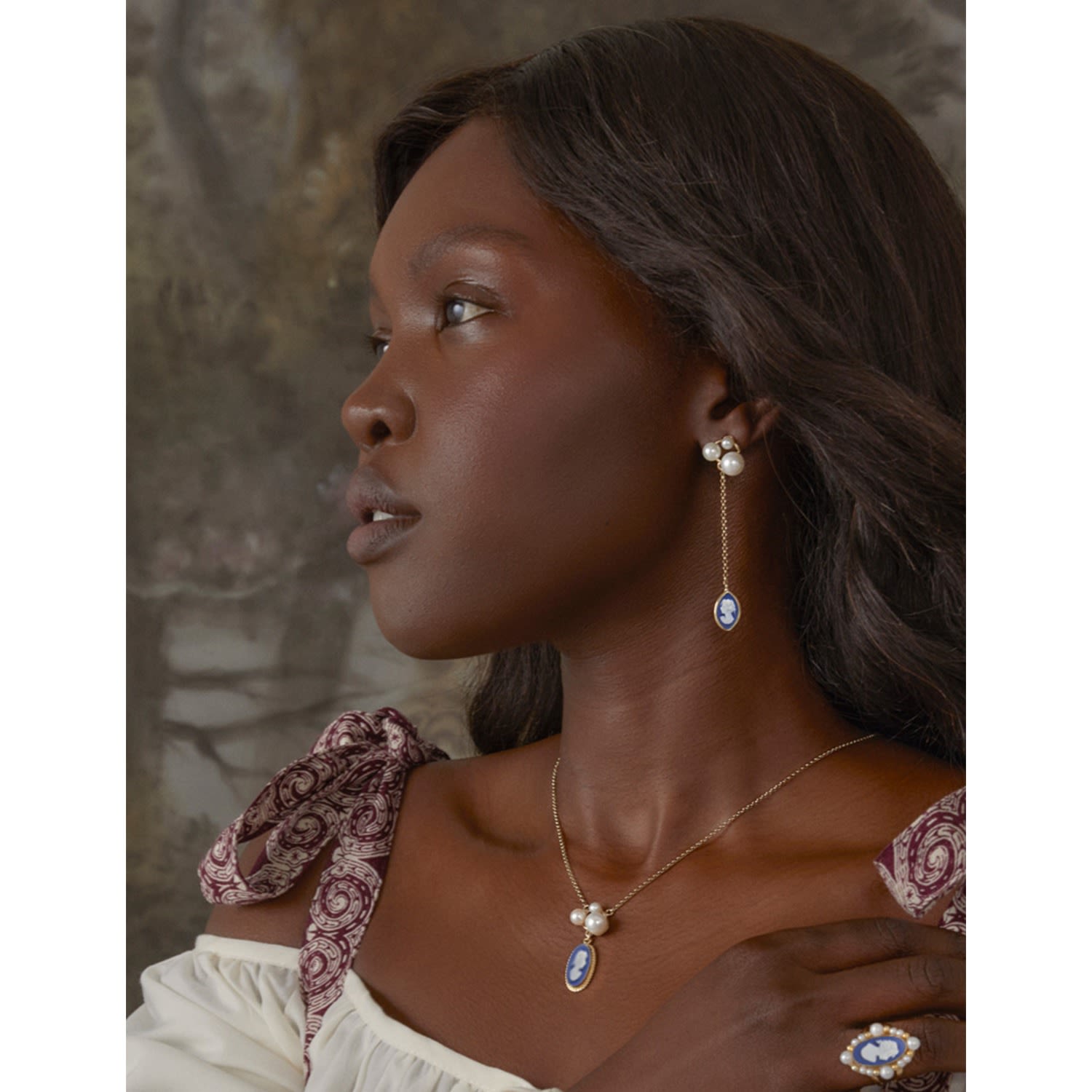 Lilith Gold-Plated Blue Cameo And Pearl Drop Earrings