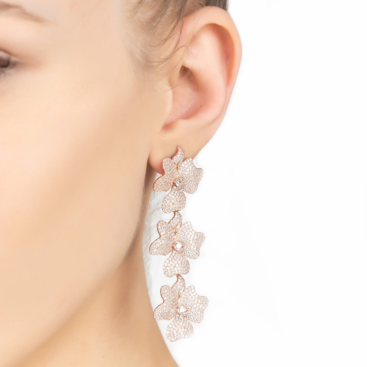 Jasmine Flower Triple Drop Earrings Rosegold