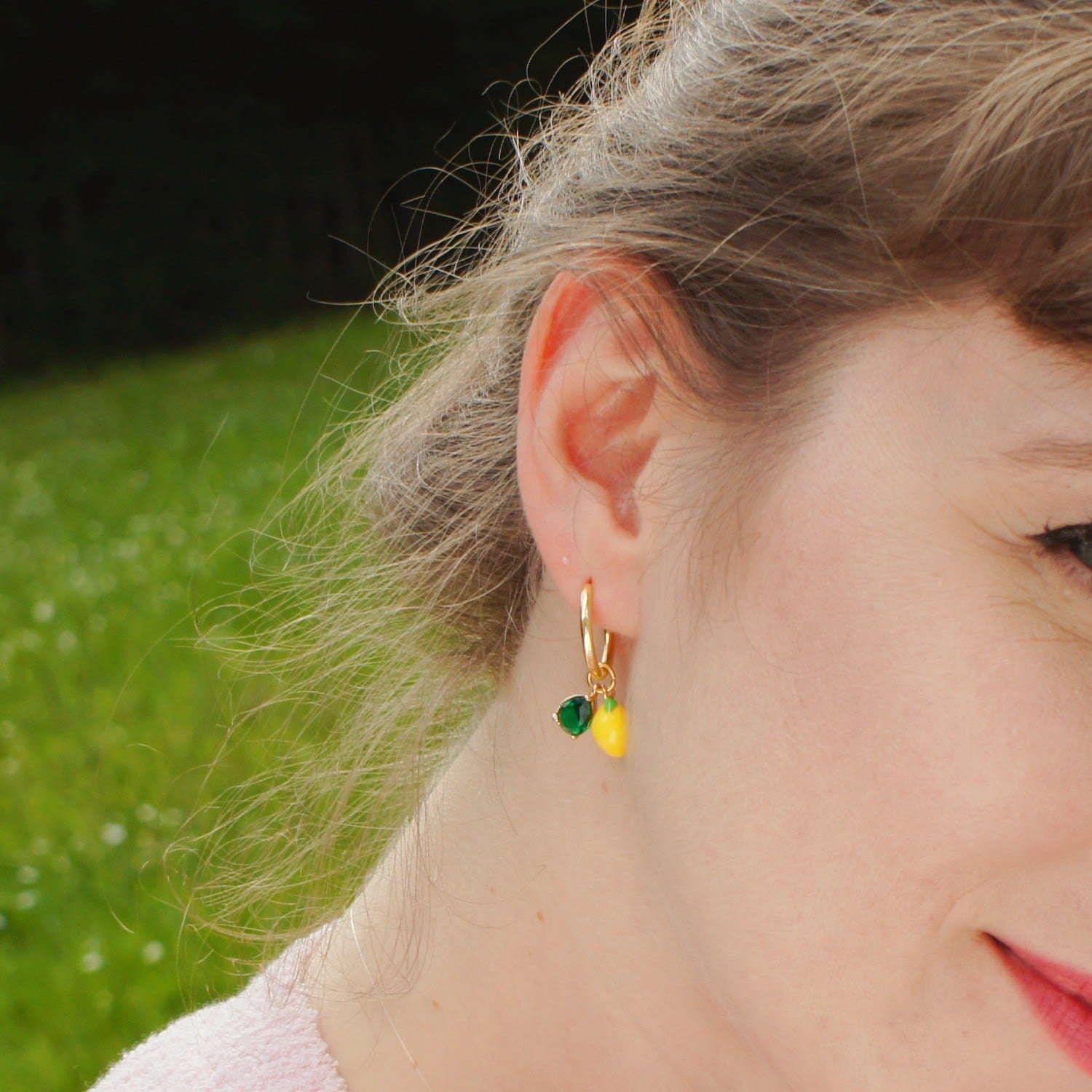 Fruity Enamel And Crystal Drop Gold Vermeil Hoop Earrings, Lemon