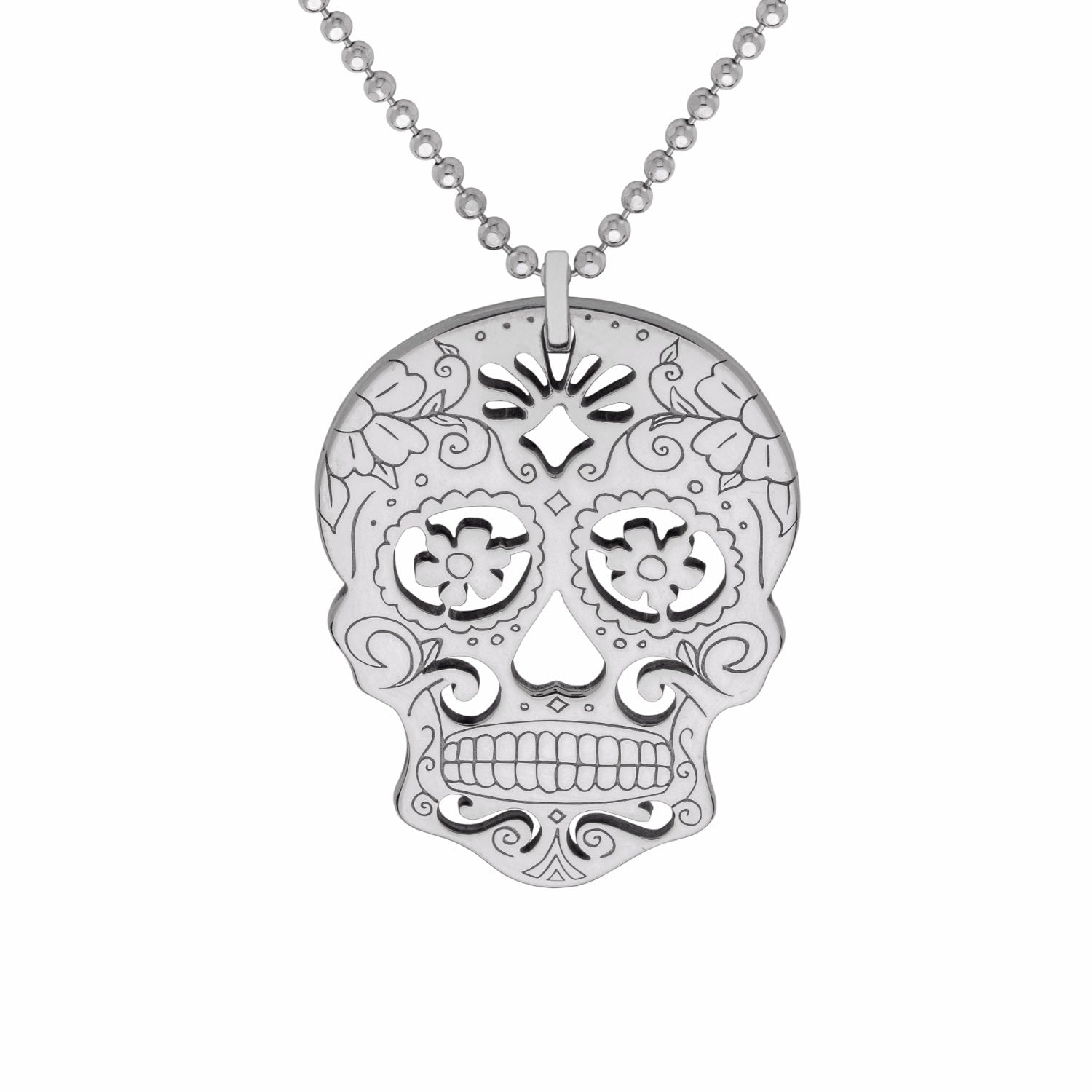 Large Silver Sugar Skull With Flower Eyes Pendant Necklace