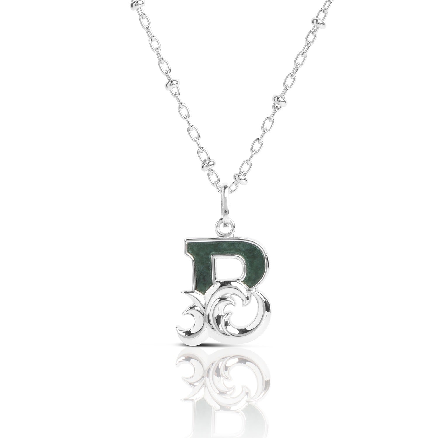 Solid Silver B Initial Necklace With Green Marble