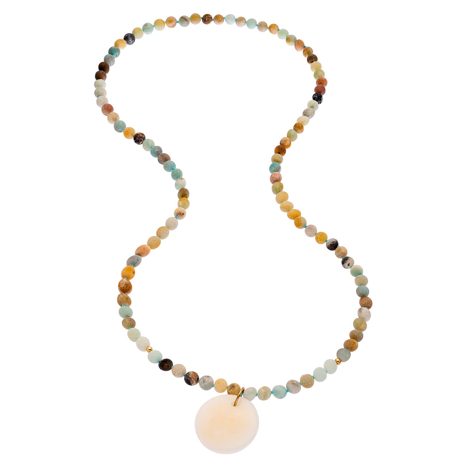 Rockabye Long Coin Beaded Gemstone Necklace - Matte Amazonite - White Jade Coin