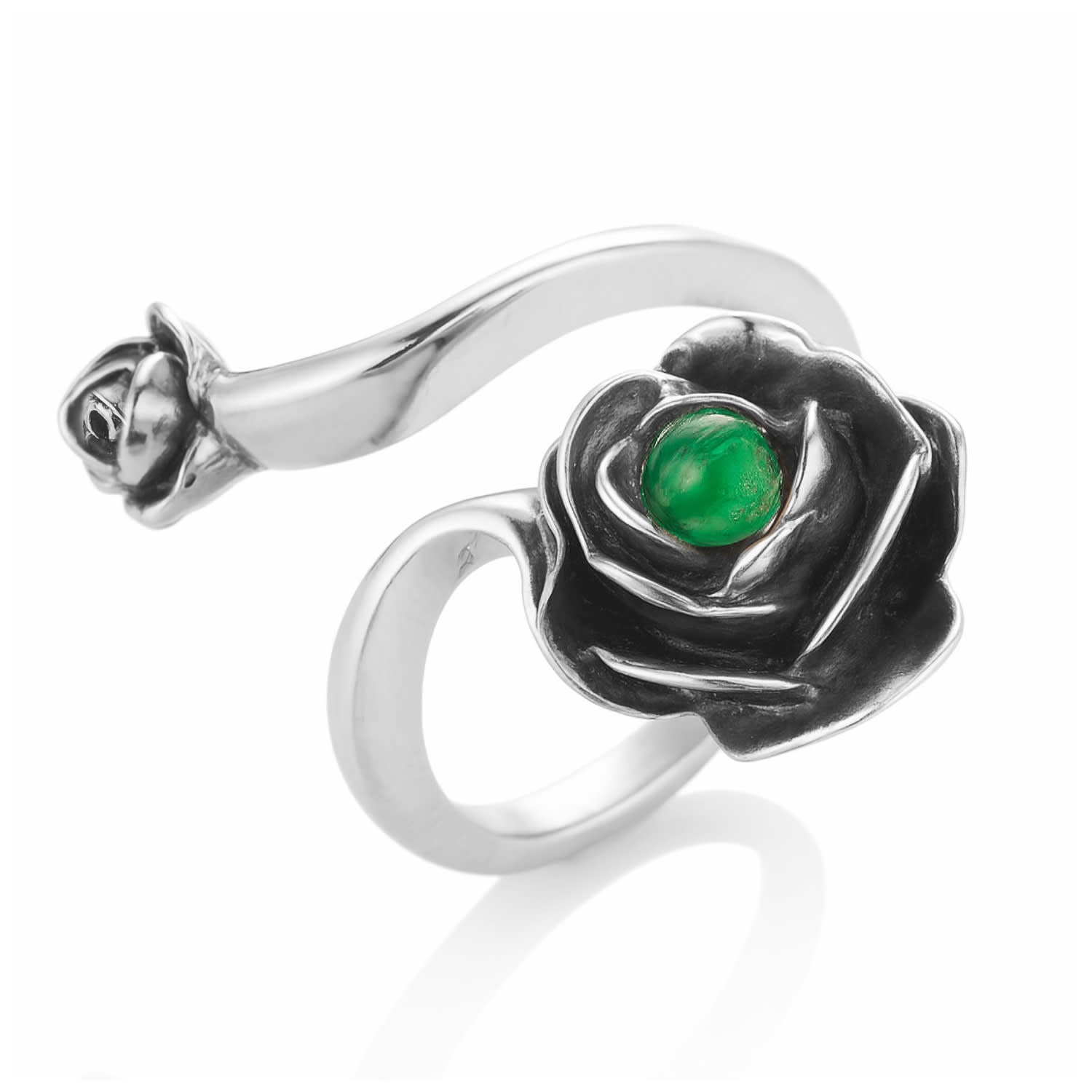 Rose Ring With Natural Emerald– Adjustable Sterling Silver Flower Jewelry