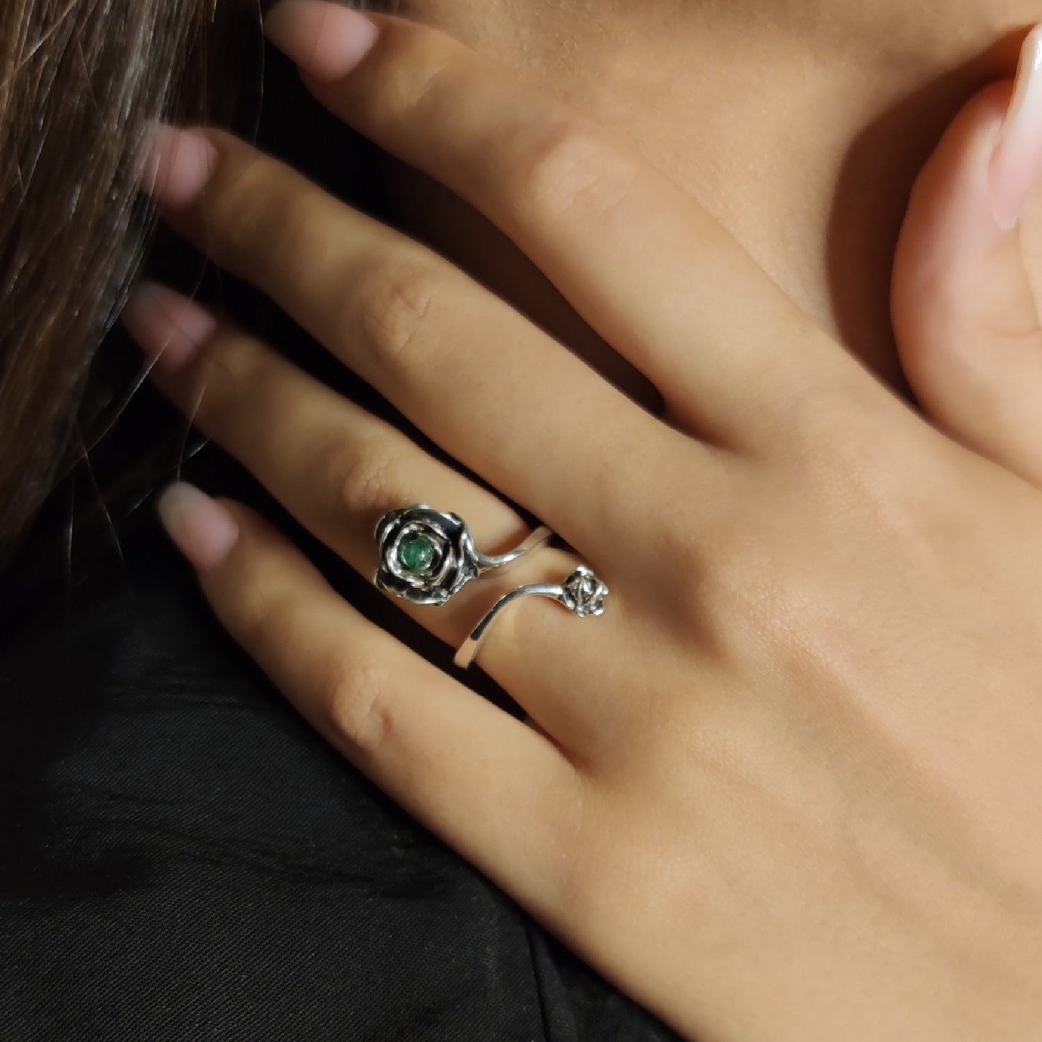 Rose Ring With Natural Emerald– Adjustable Sterling Silver Flower Jewelry