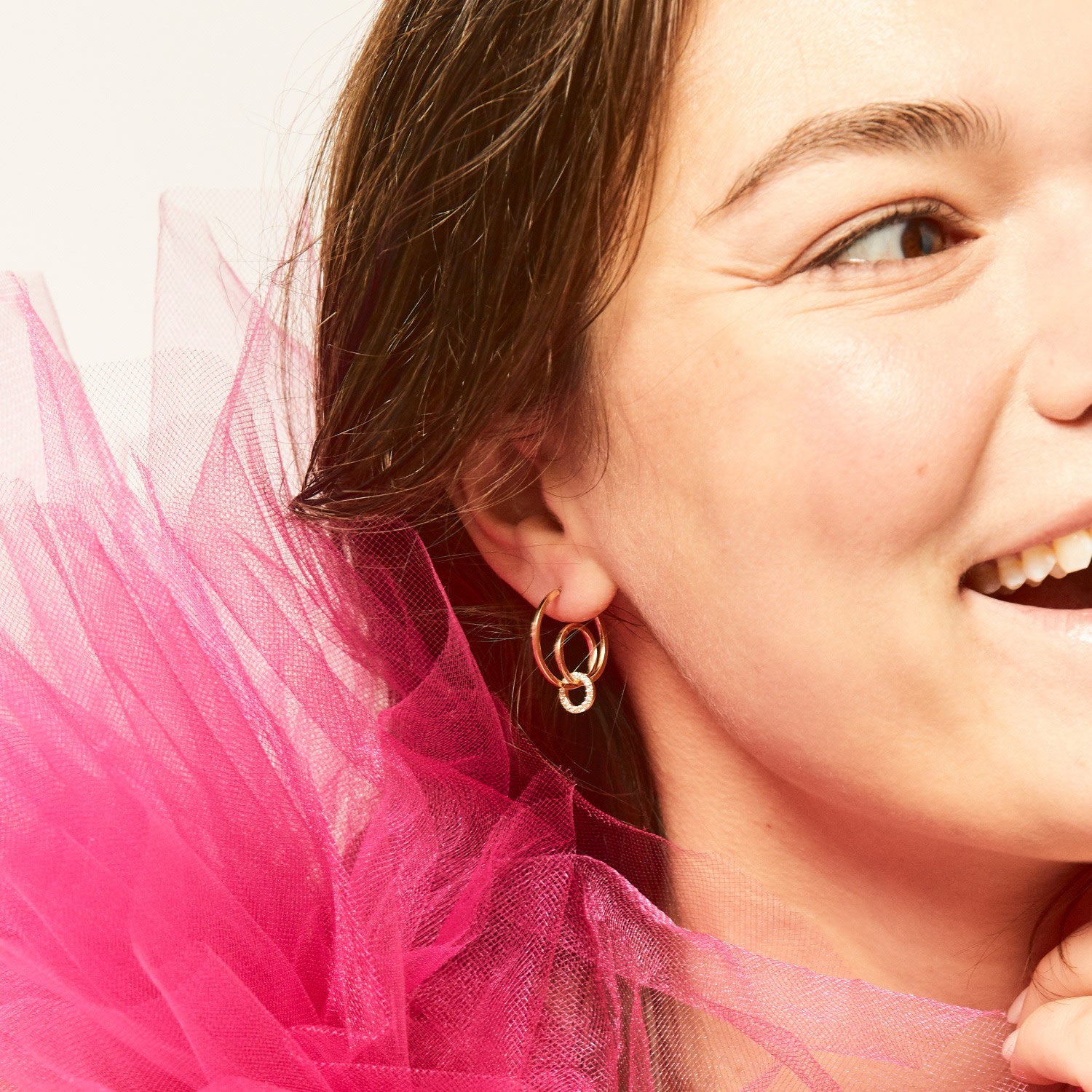 Rooftop Dancing Earrings - Solid 14K Gold Hoop Stud Earrings With White Sapphire Mirror Pave Charm