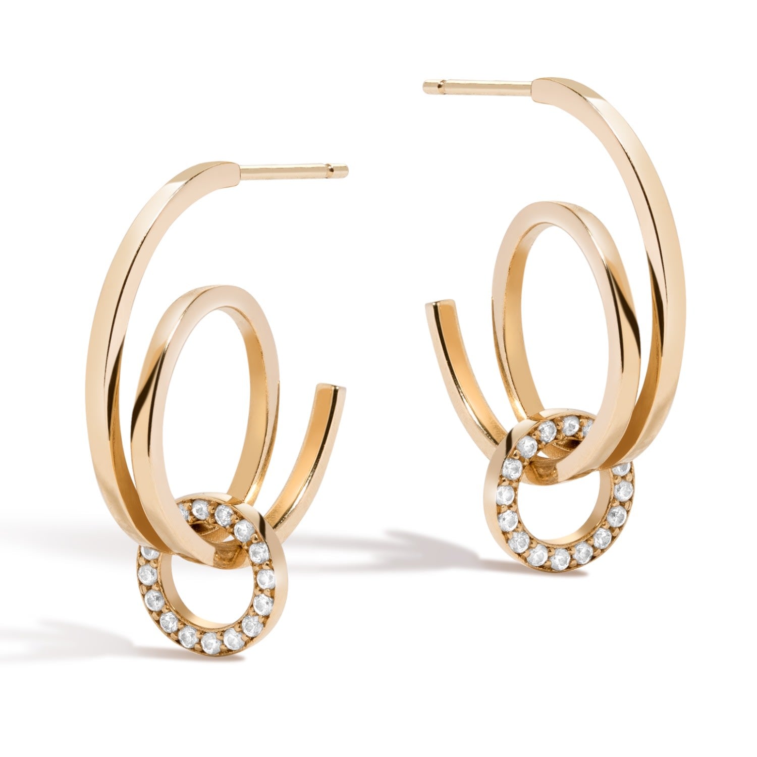 Rooftop Dancing Earrings - Solid 14K Gold Hoop Stud Earrings With White Sapphire Mirror Pave Charm