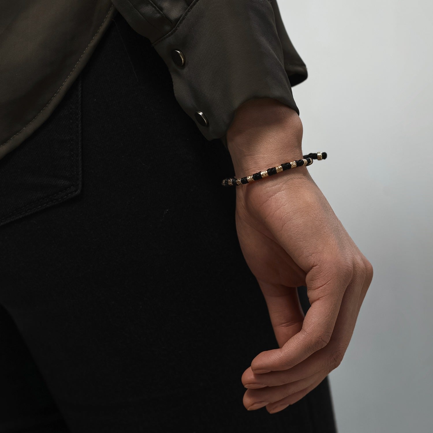 Rope & Hammered Gold Silver Viking Women's Bracelet - Freya - Black