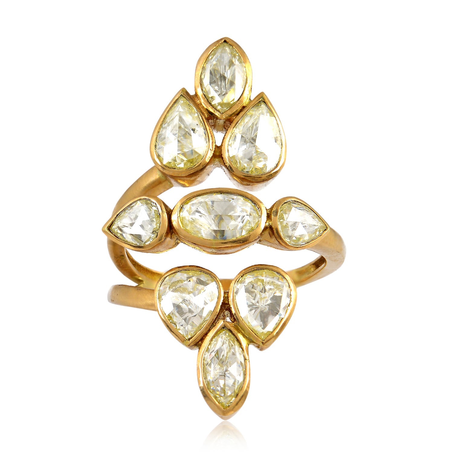 Rose Cut Diamond Long Ring In Yellow Gold 925 Sterling Silver