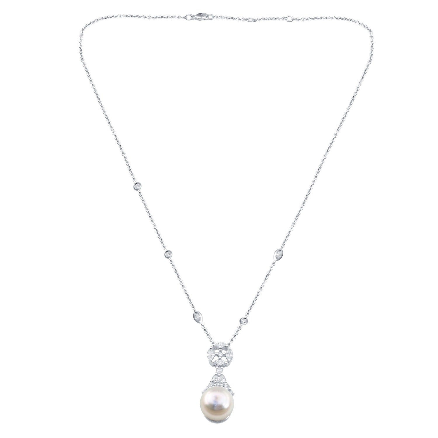 Rose Cut Diamond & Pearl Gemstone Choker Necklace In White Gold