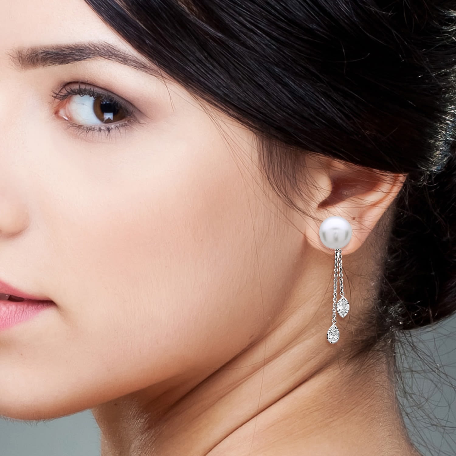 Rose Cut Diamond & Pearl Gemstone Dangle Earrings In White Gold