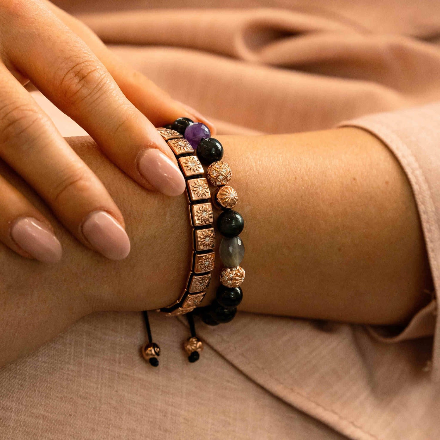 Rose Gold Beaded Bracelet With Faceted Moonstone, Onyx & Amethyst