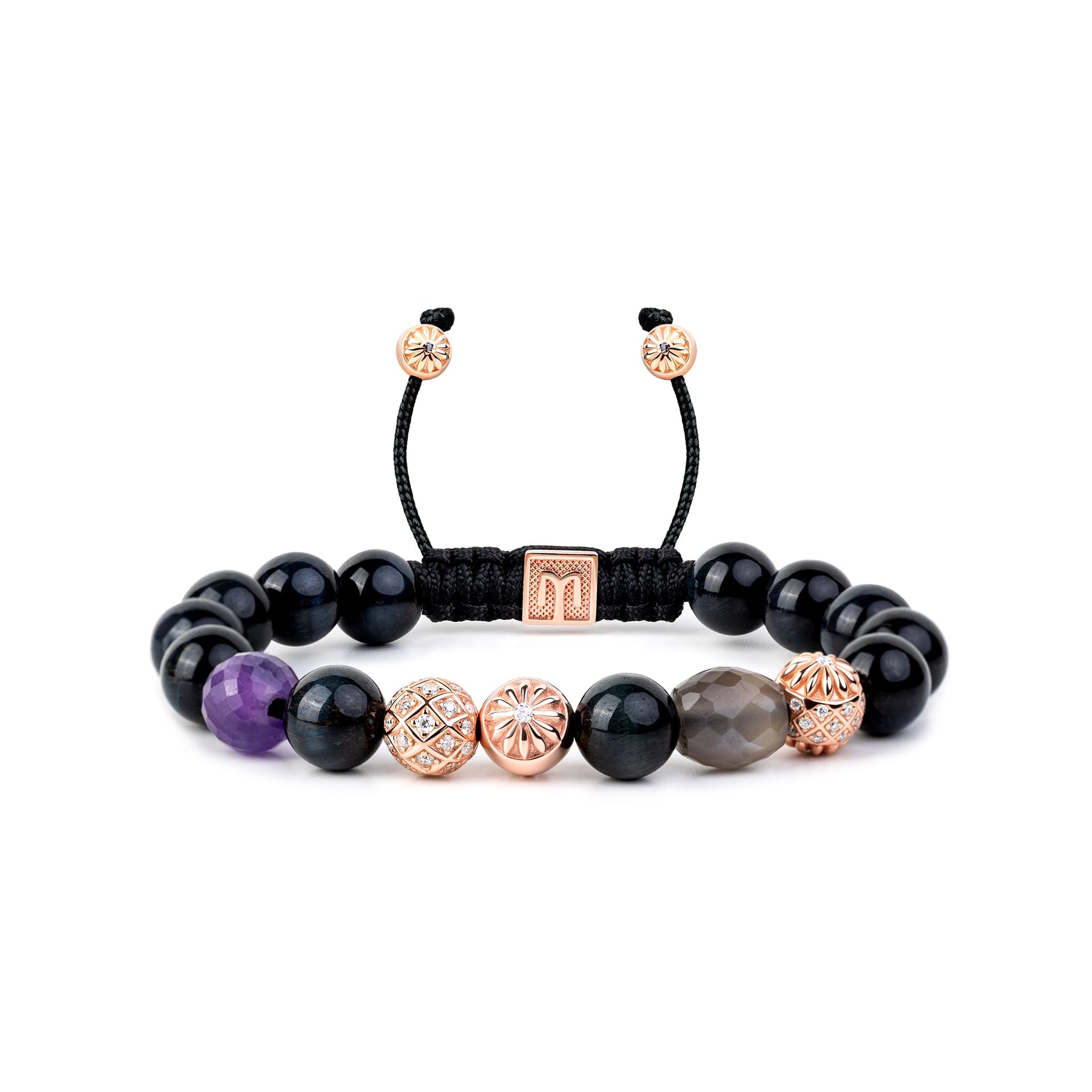 Rose Gold Beaded Bracelet With Faceted Moonstone, Onyx & Amethyst
