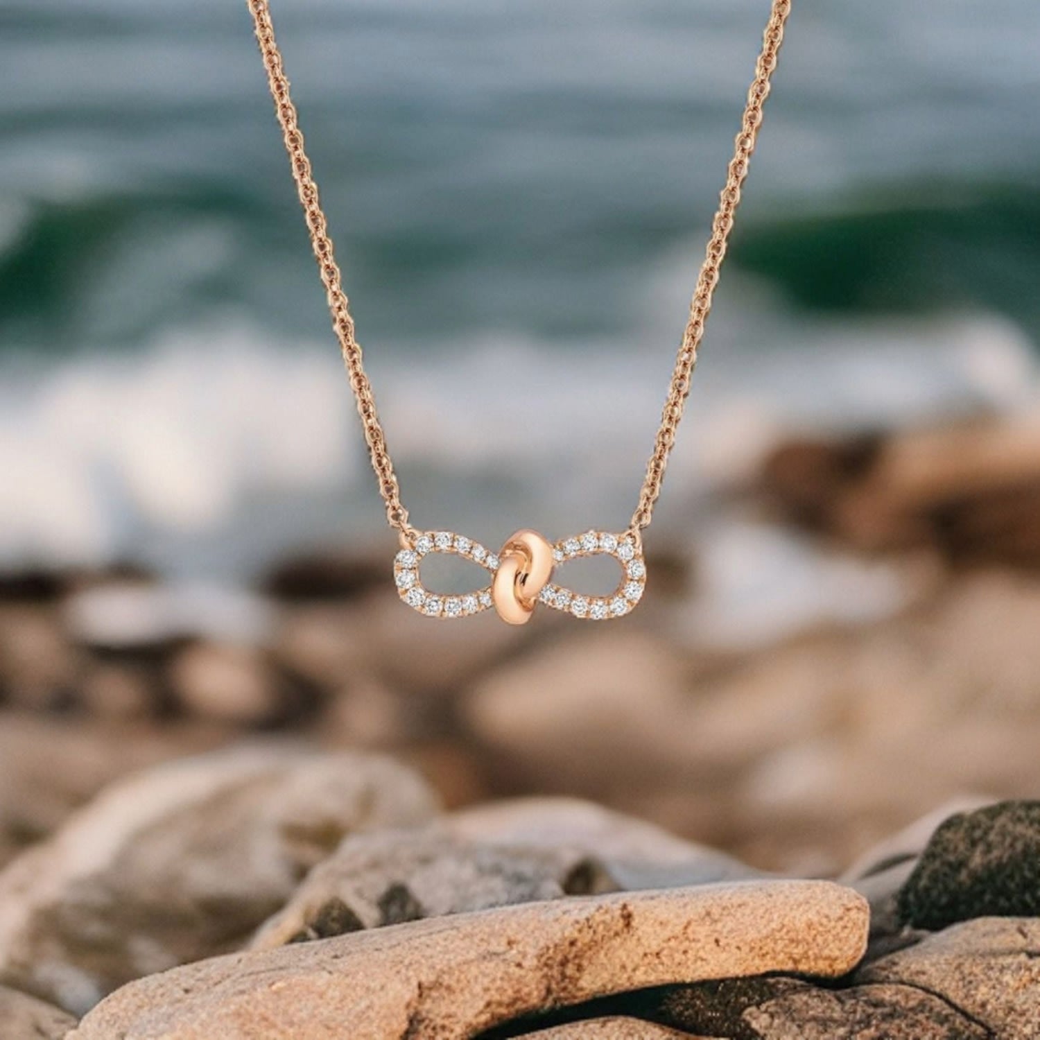 Rose Gold & Diamond Bow Ribbon Necklace Chain