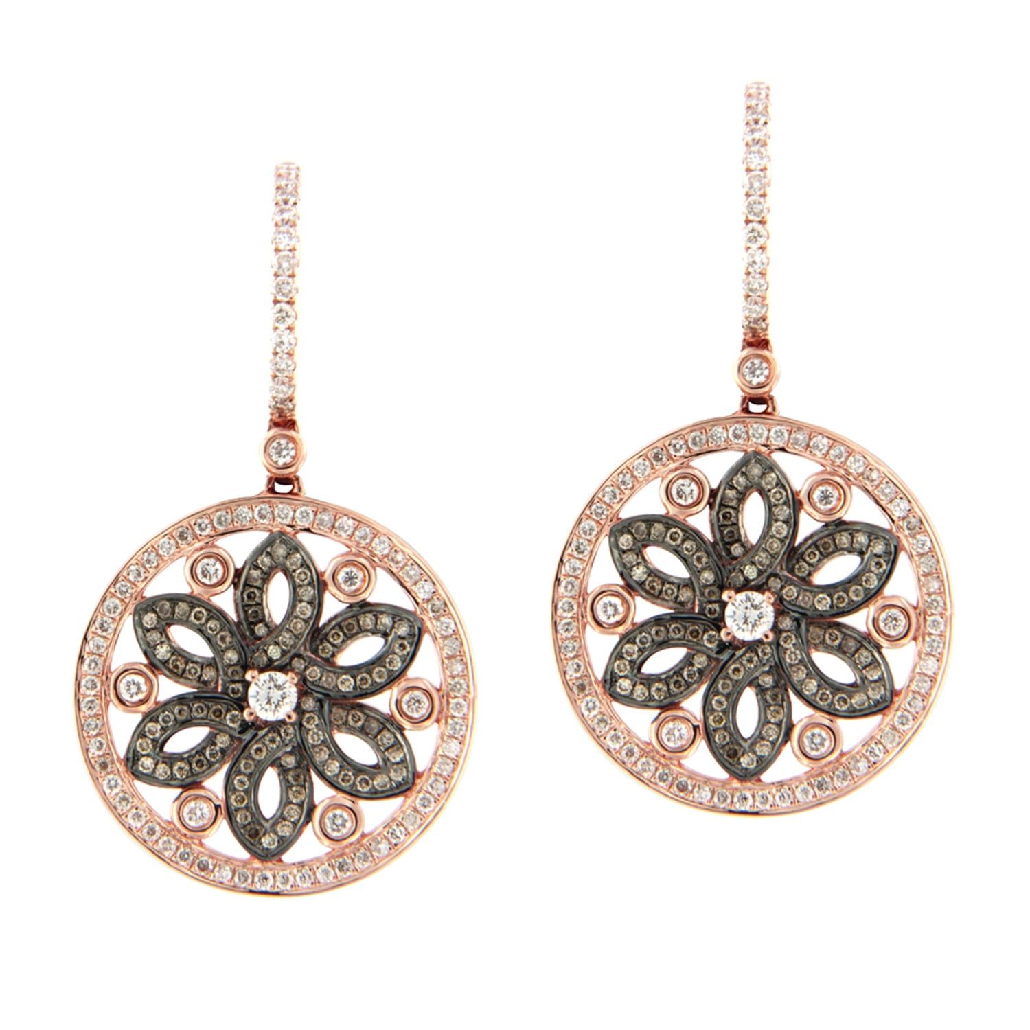 Rose Gold Floral Medallion Drop Earrings With Brown & White Diamond