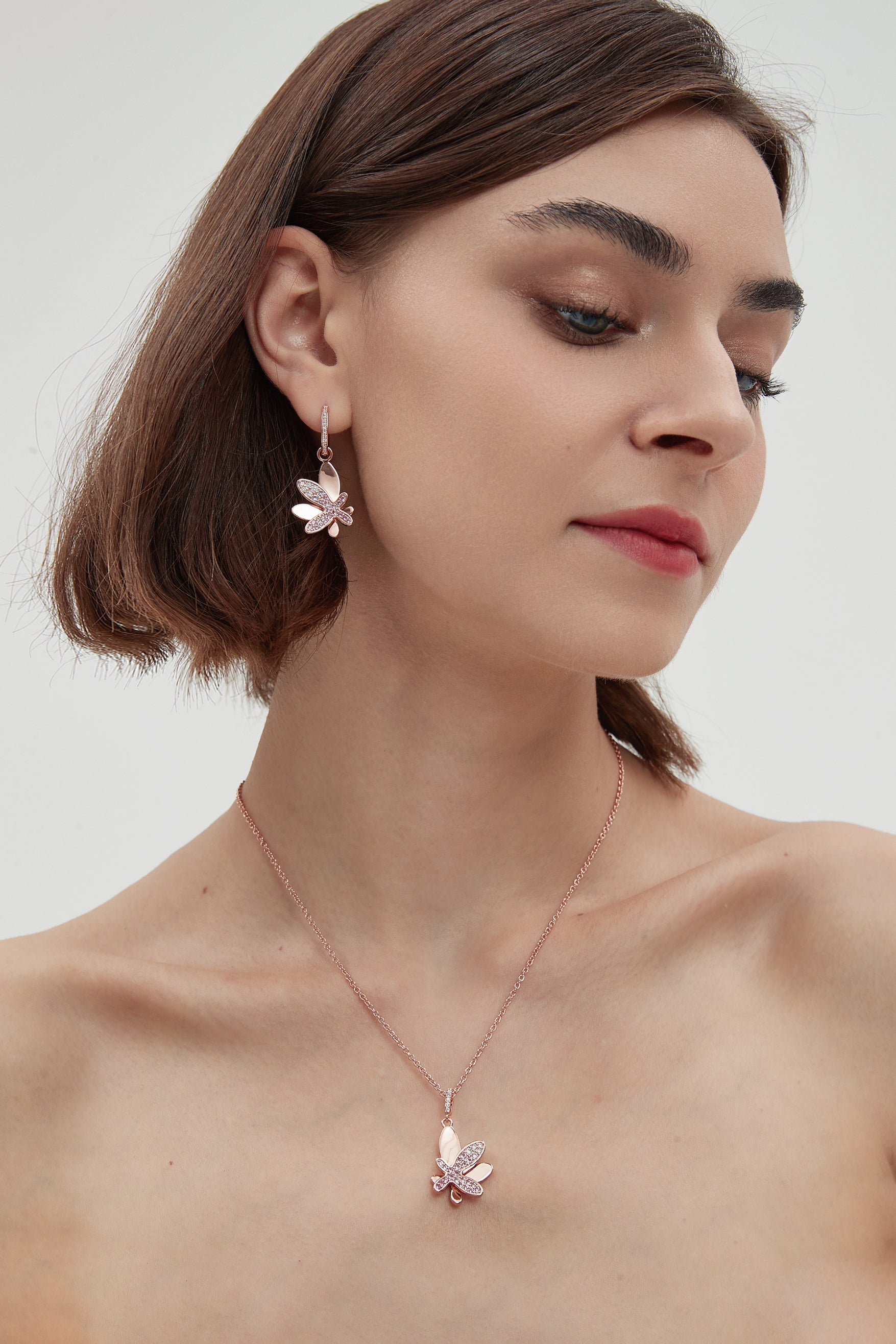Rose Gold Gradient Pink Pavé Diamond Butterfly Pendant Necklace