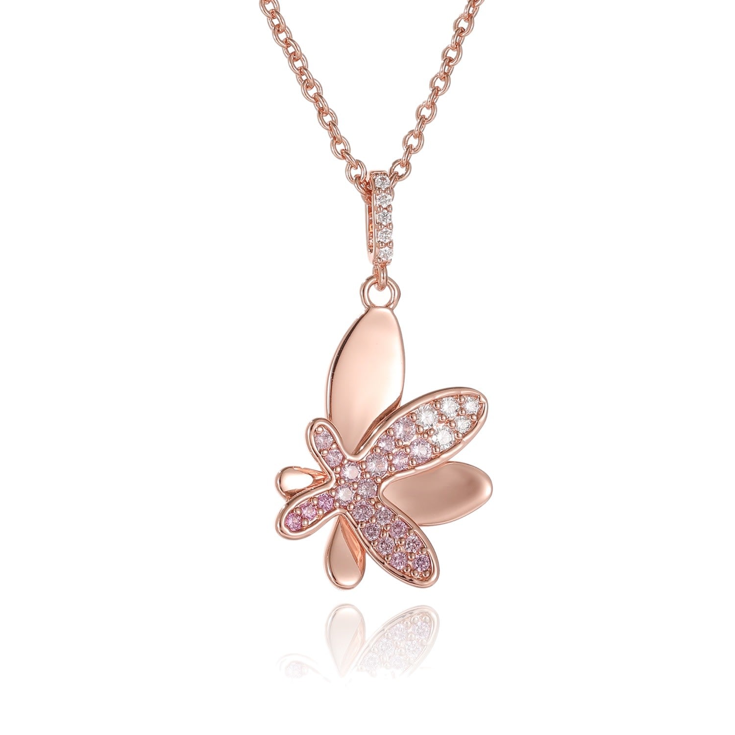 Rose Gold Gradient Pink Pavé Diamond Butterfly Pendant Necklace