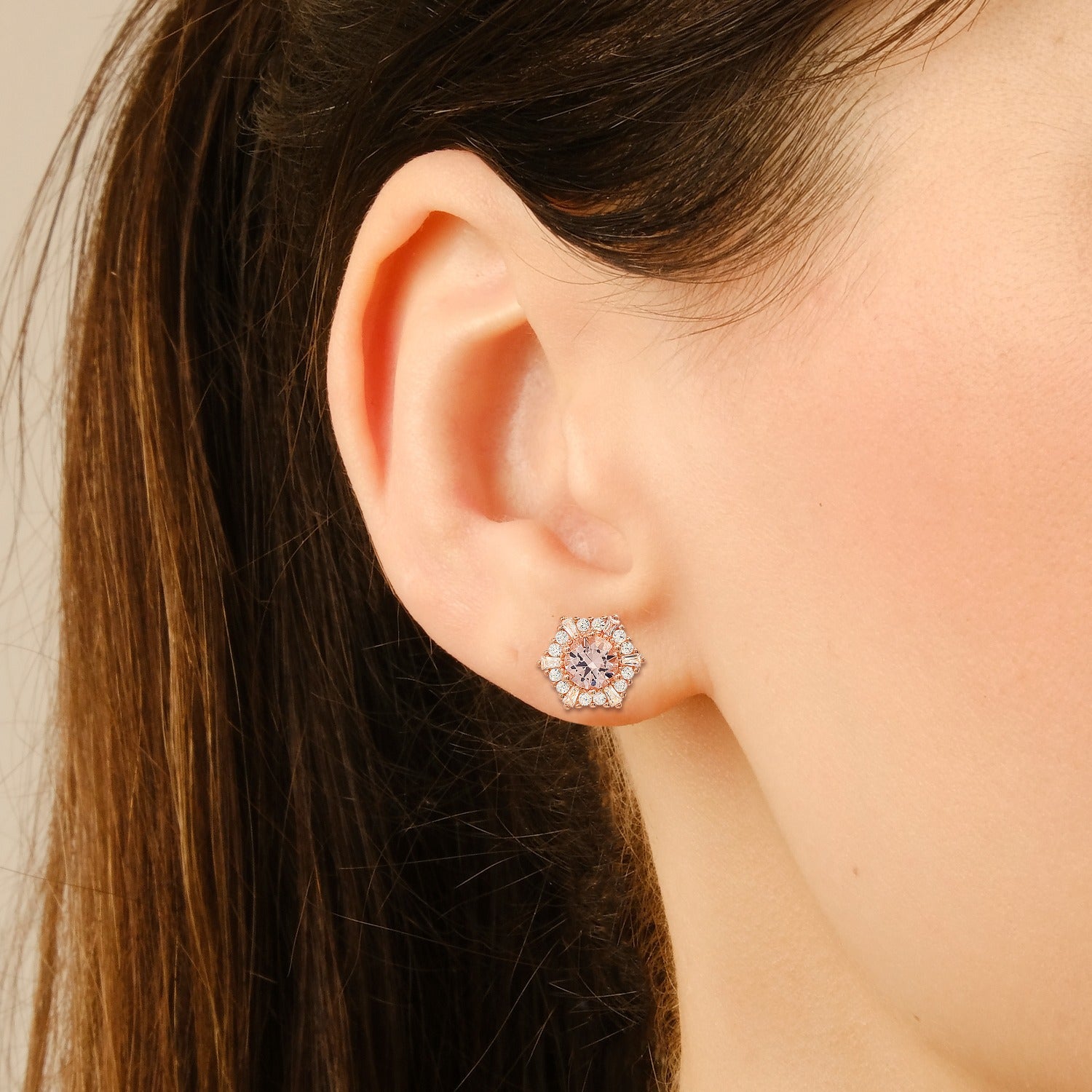 Rose Gold Hexagon Morganite Halo Stud Earrings