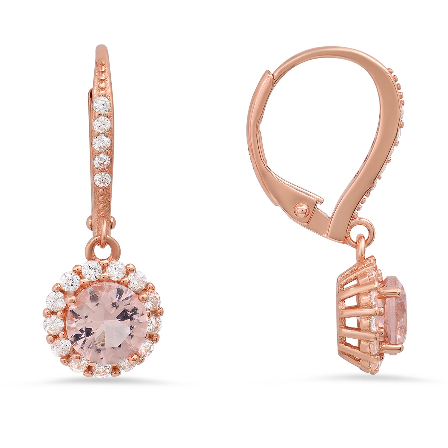 Rose Gold Morganite Halo Leverback Earrings