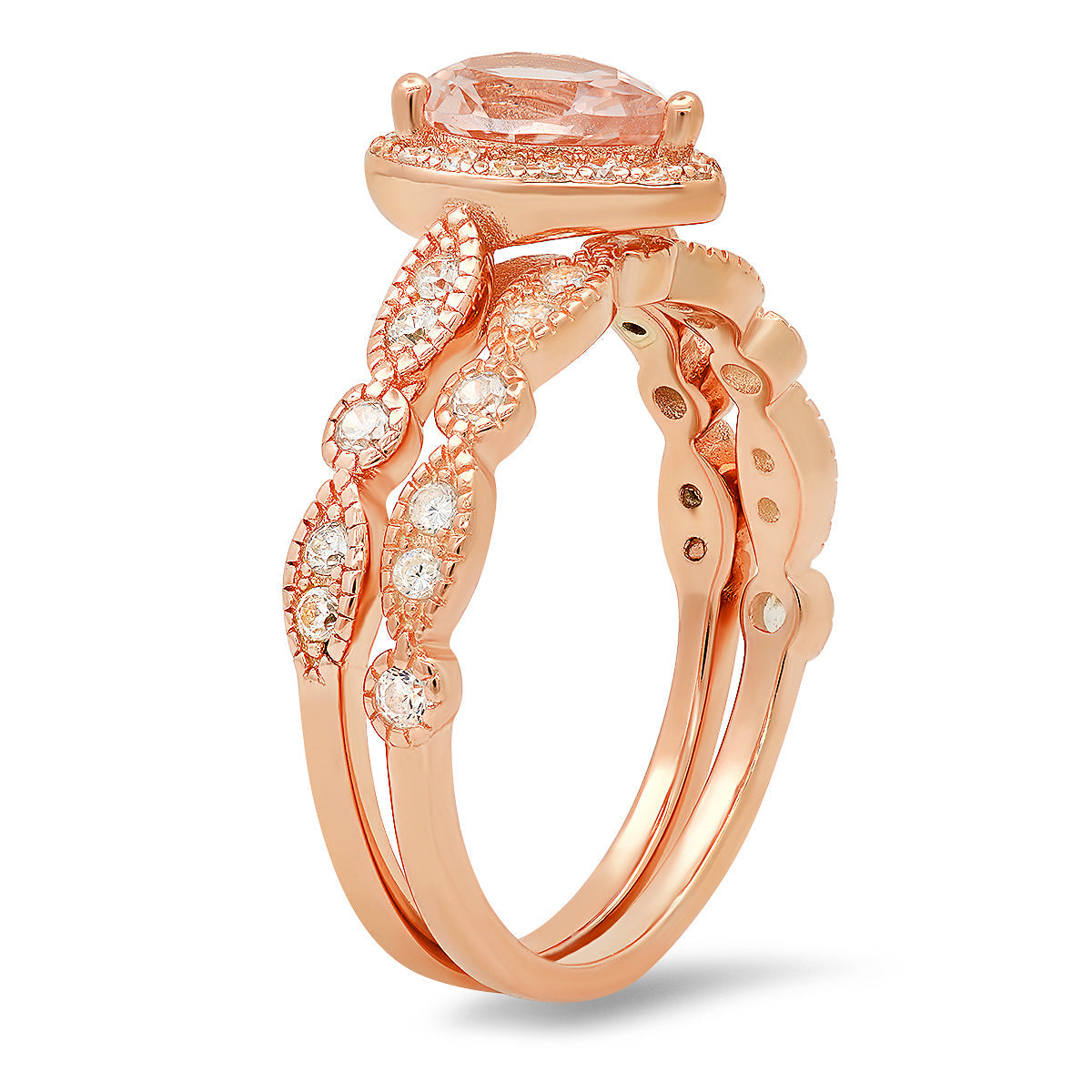 Rose Gold Pear Cut Morganite Halo Stackable Ring Set