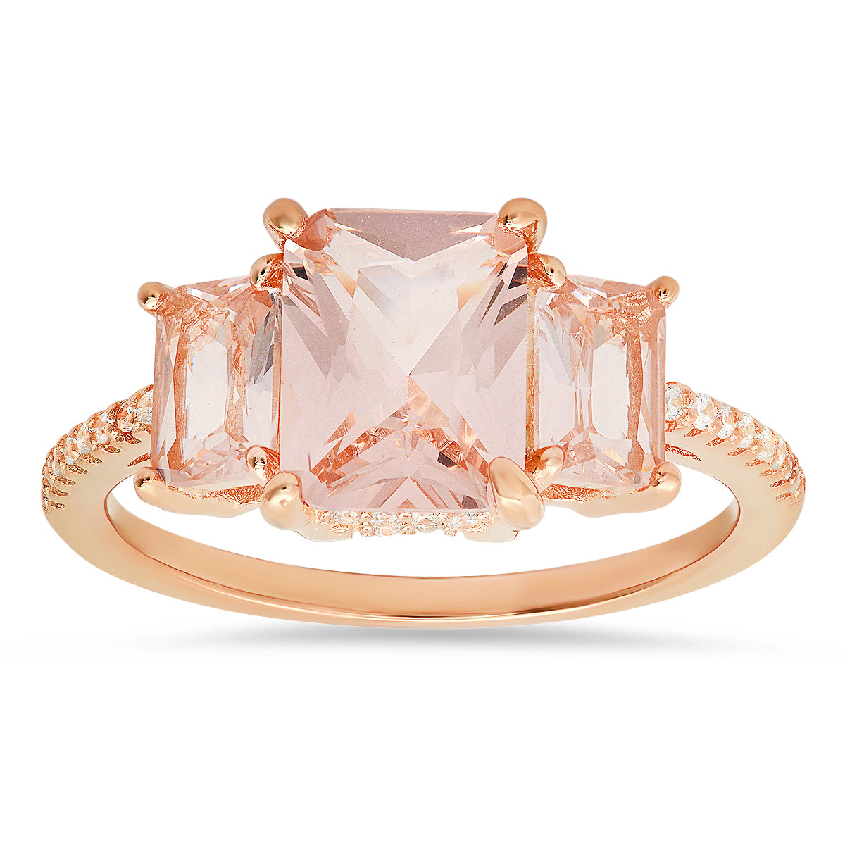 Rose Gold Over Silver 3 Stone Morganite Cz Ring