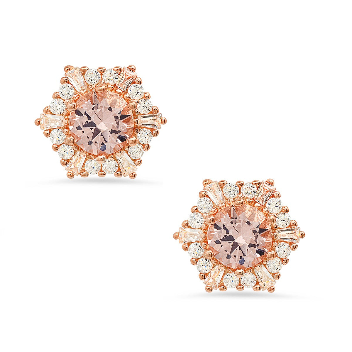 Rose Gold Hexagon Morganite Halo Stud Earrings