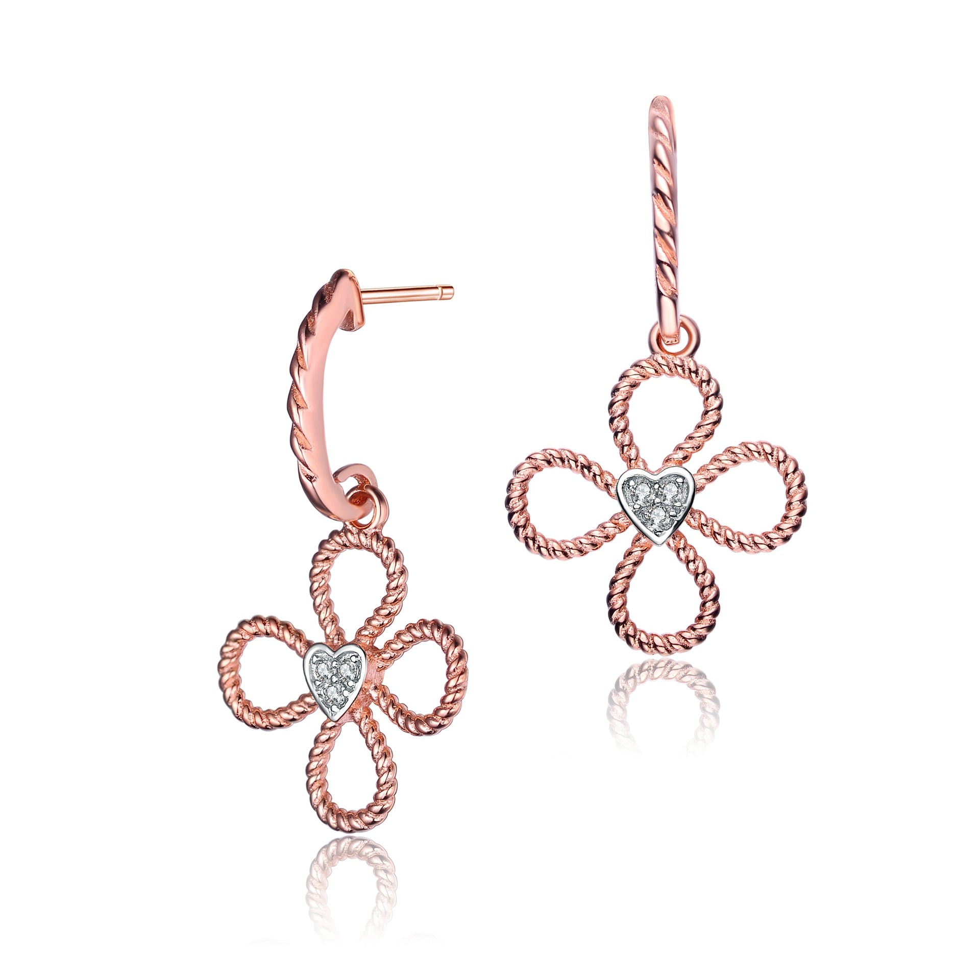 Sterling Silver Rose Gold Plated With Clear Cubic Zirconia Four Petal Flower Earrings