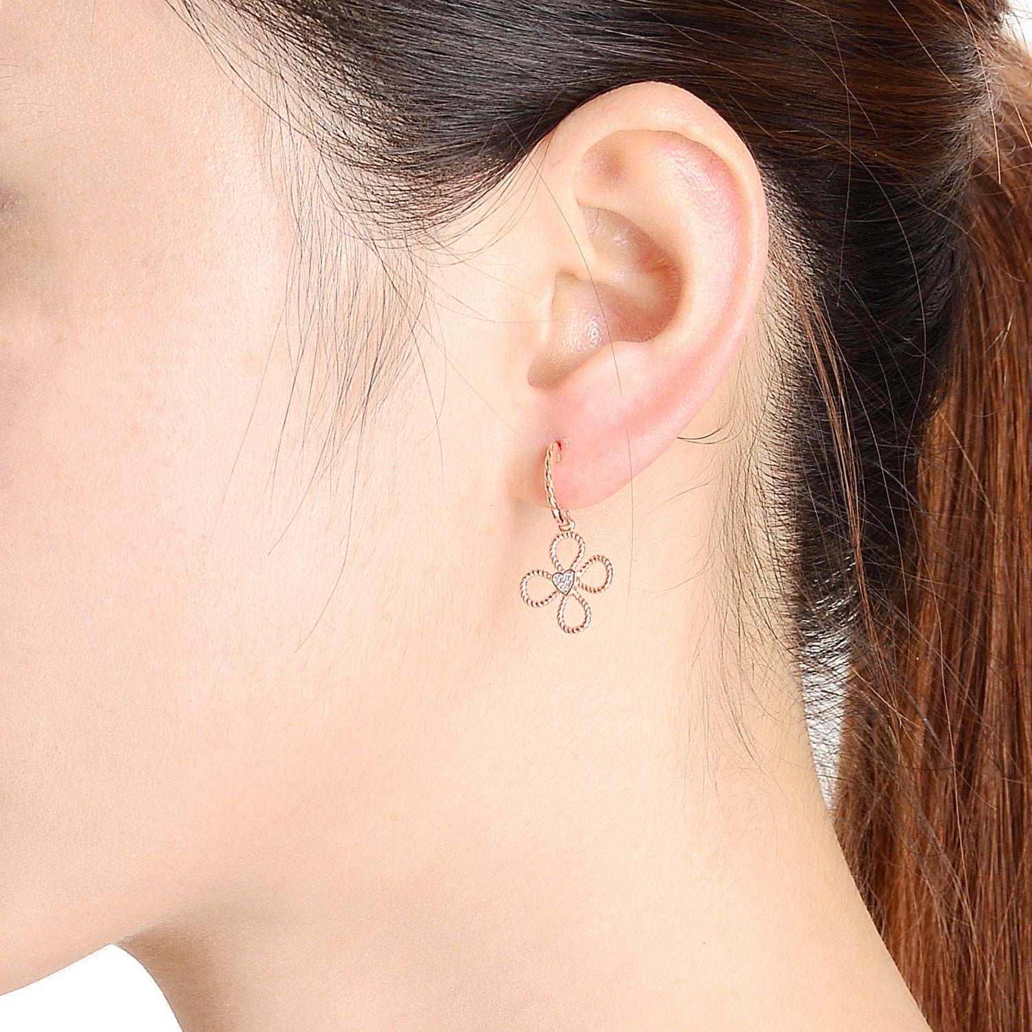 Sterling Silver Rose Gold Plated With Clear Cubic Zirconia Four Petal Flower Earrings