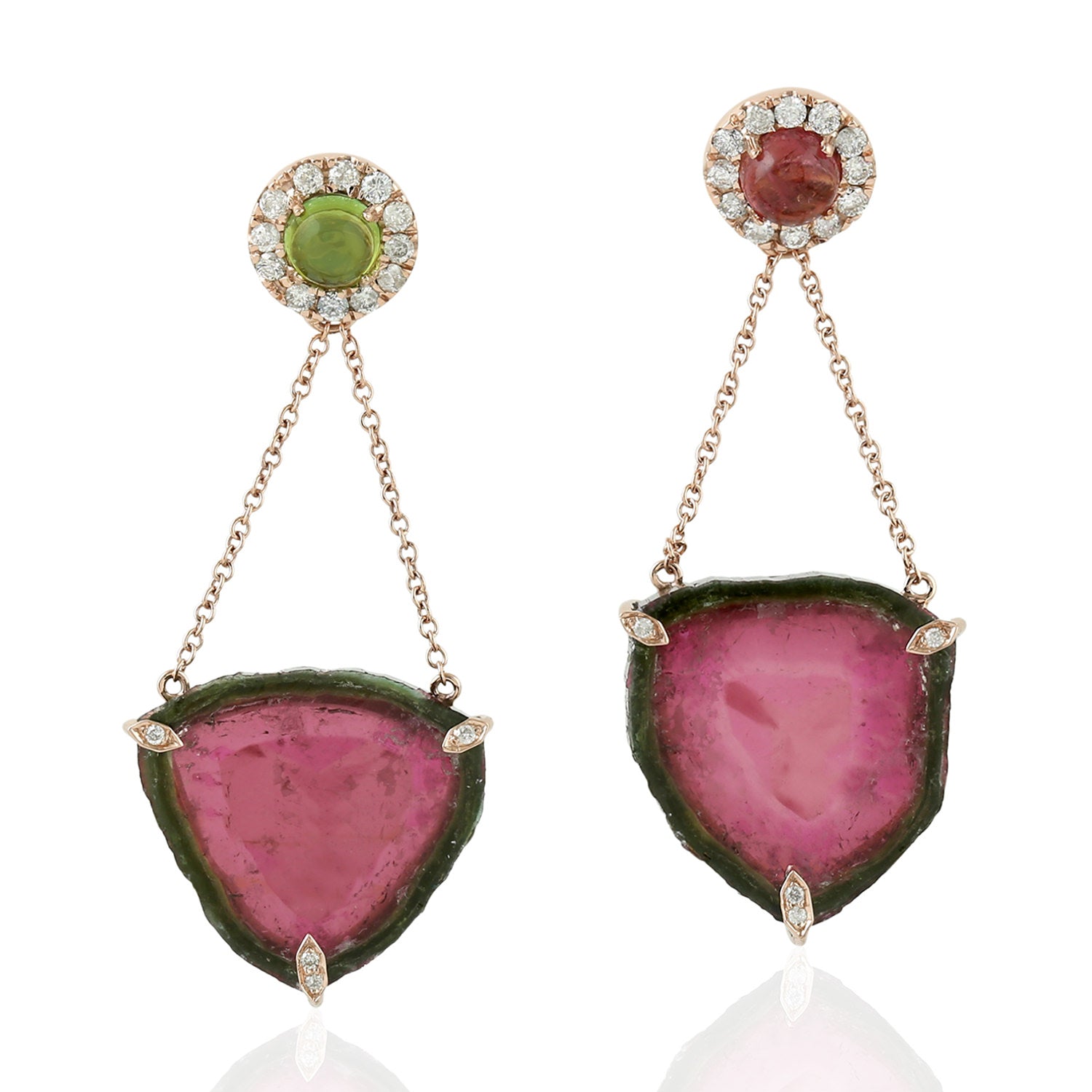 Multi Tourmaline & Melon Tourmaline Diamond Dangle Earrings In Rose Gold