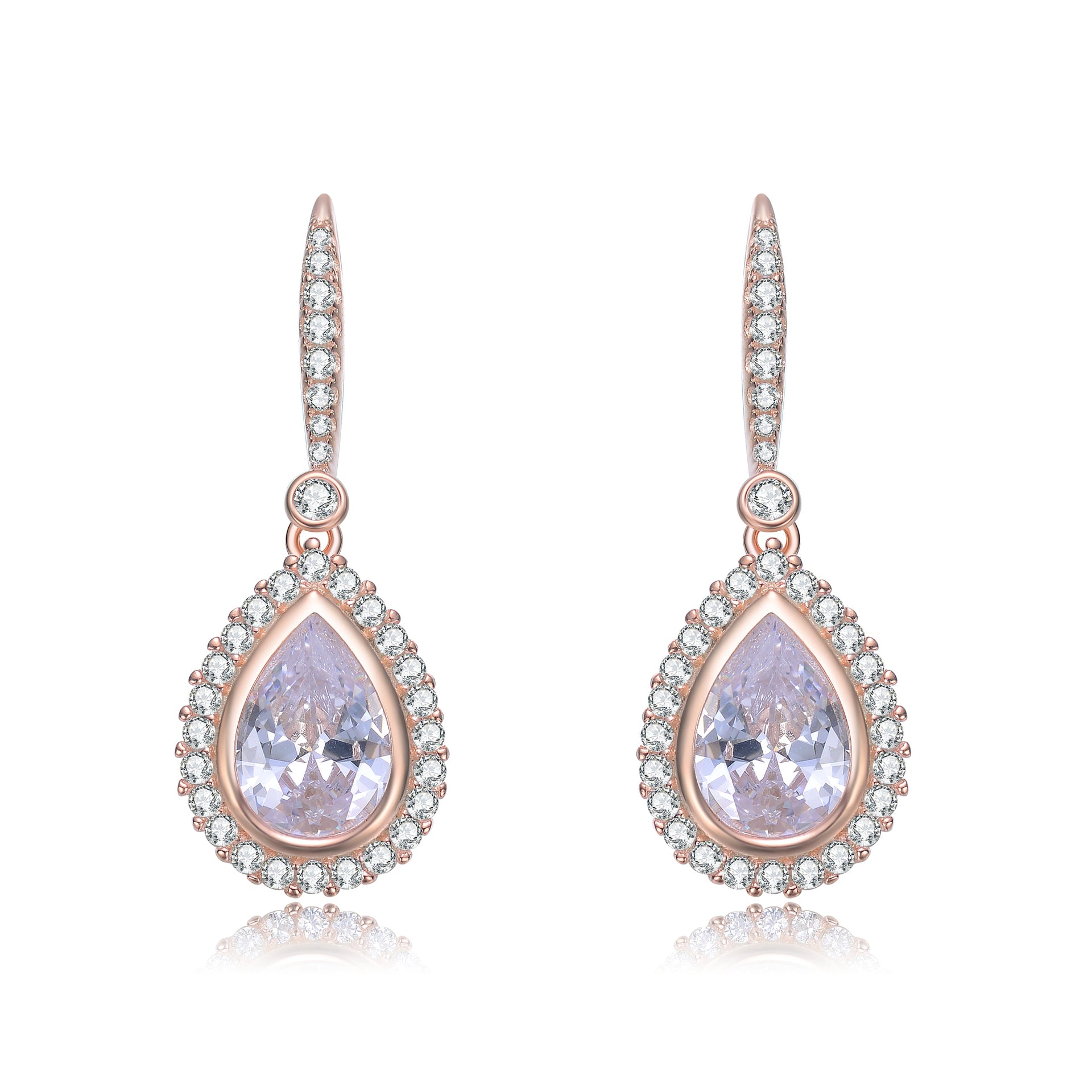 Sterling Silver Rose Gold Plated With Clear Cubic Zirconia Accent Teardrop Dangle Earrings