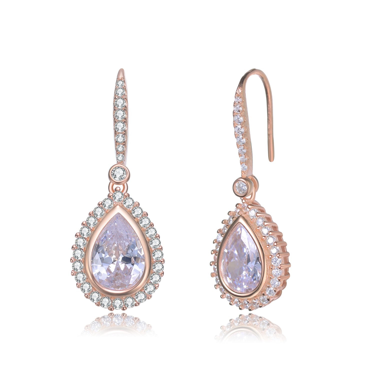 Sterling Silver Rose Gold Plated With Clear Cubic Zirconia Accent Teardrop Dangle Earrings