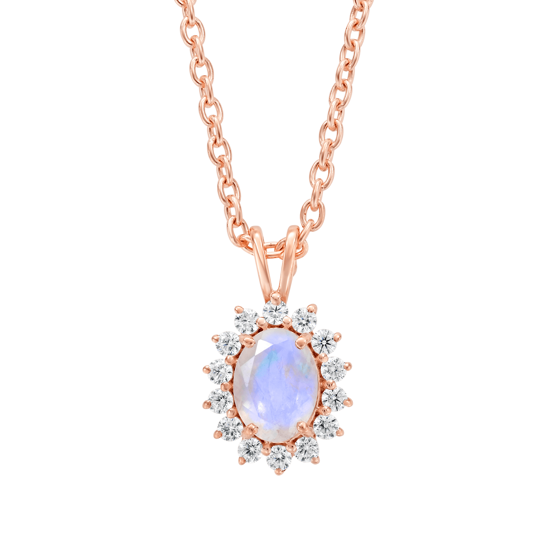 Rose Gold Rainbow Moonstone & Diamond Vintage Fleur Pendant