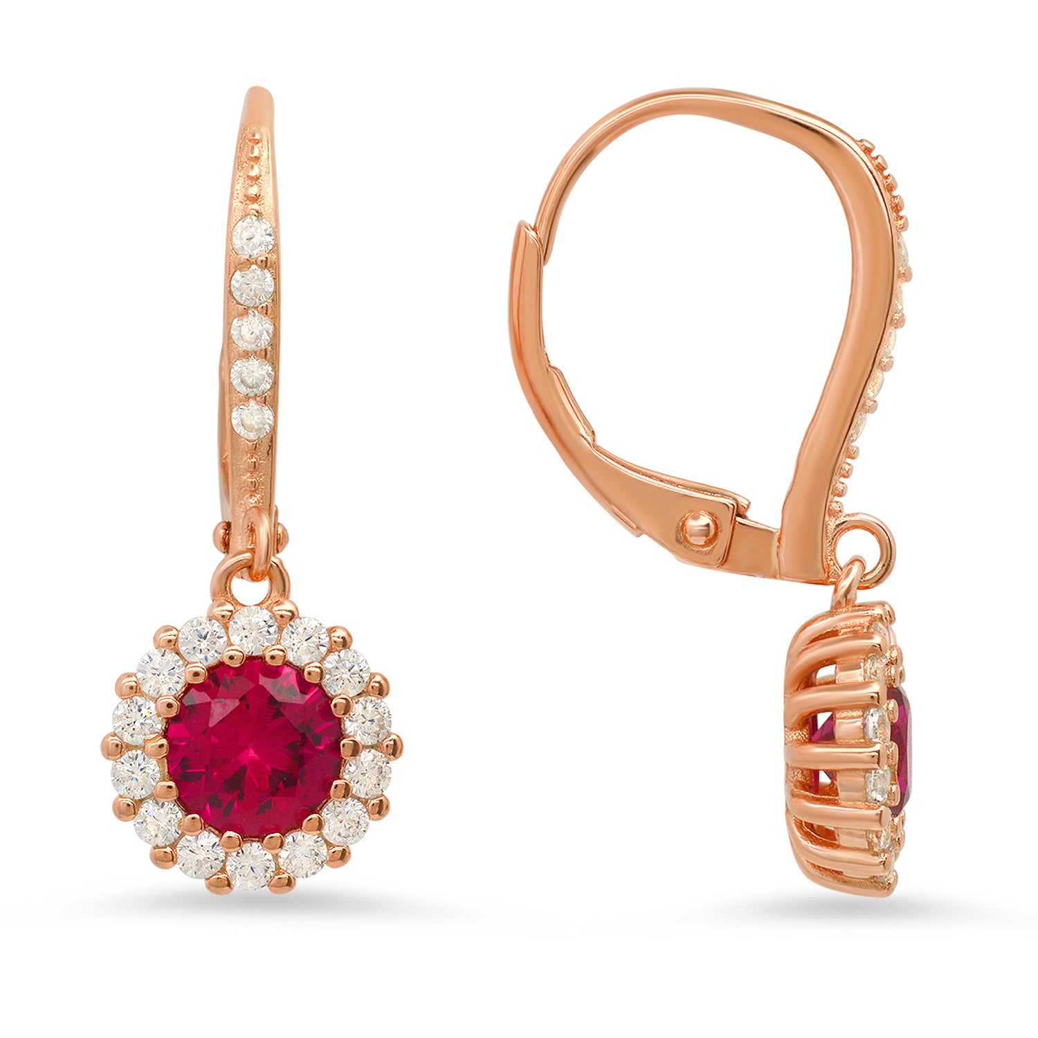 Rose Gold Ruby Halo Leverback Earrings