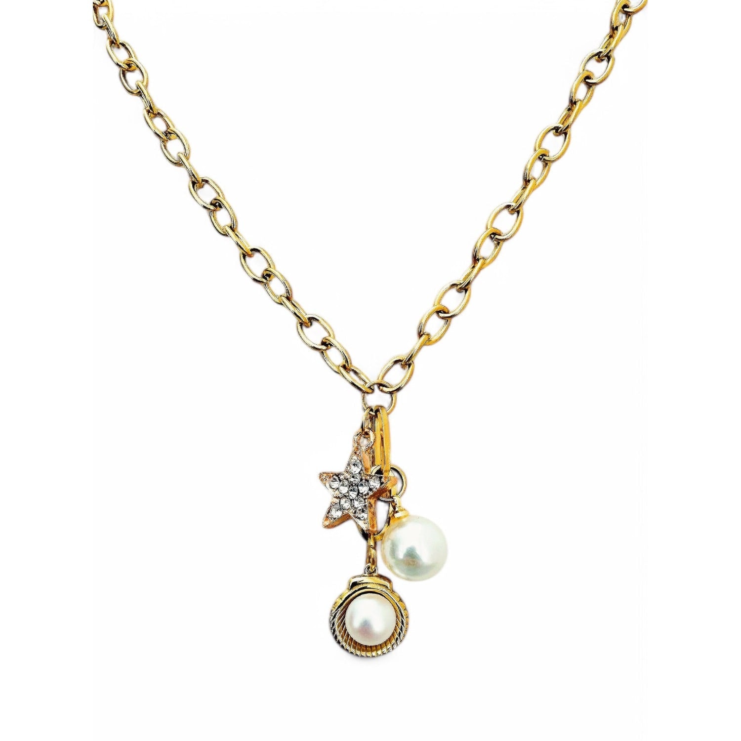 Rose Gold Star And Gold Shell Pearl Pendant Necklace