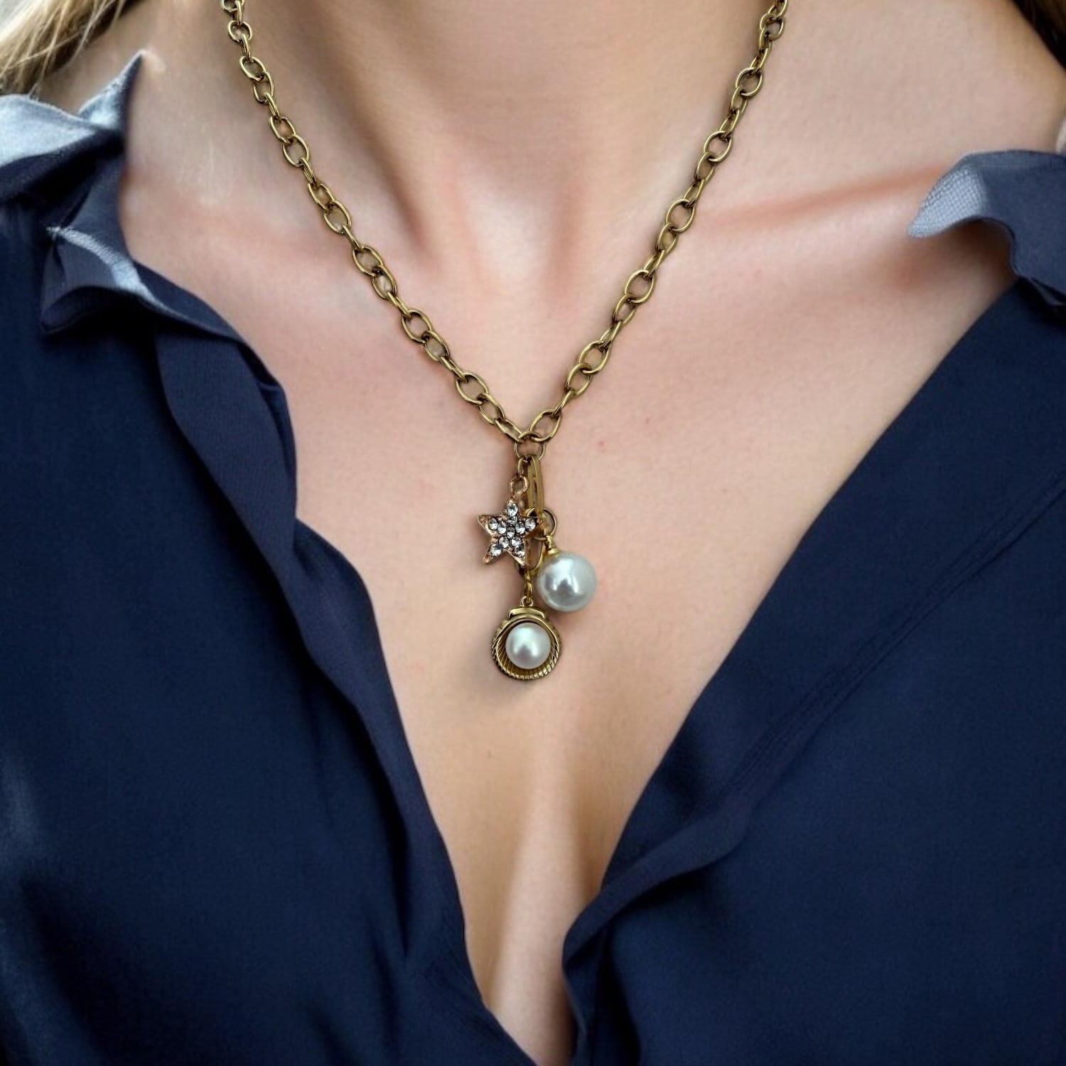 Rose Gold Star And Gold Shell Pearl Pendant Necklace