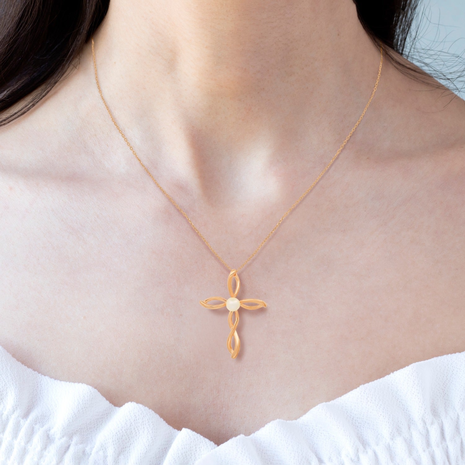 Rose Gold Swirling Genuine Pearl Cross Pendant Necklace