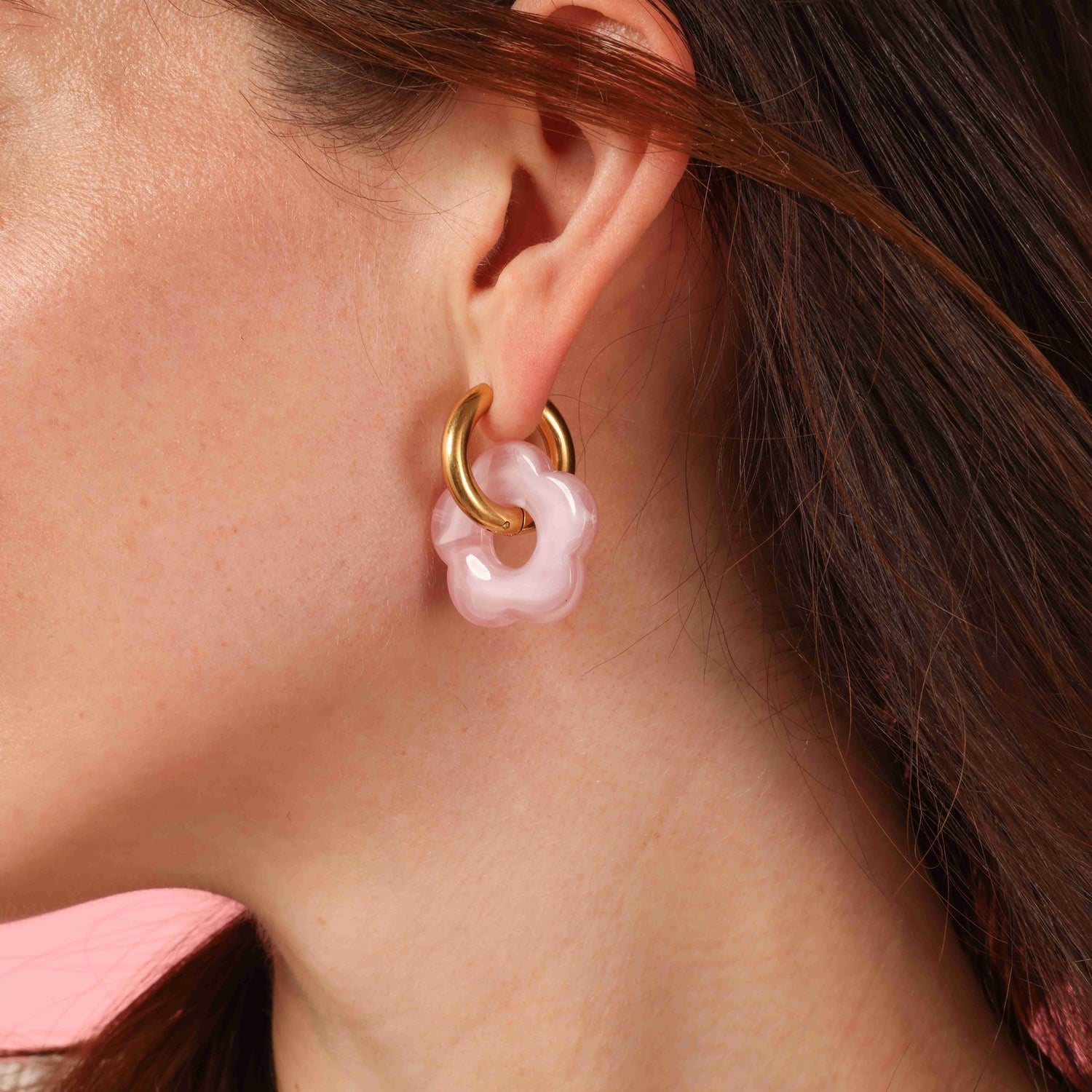 Rose Quartz Resin Floral Drops On Gold Hoops