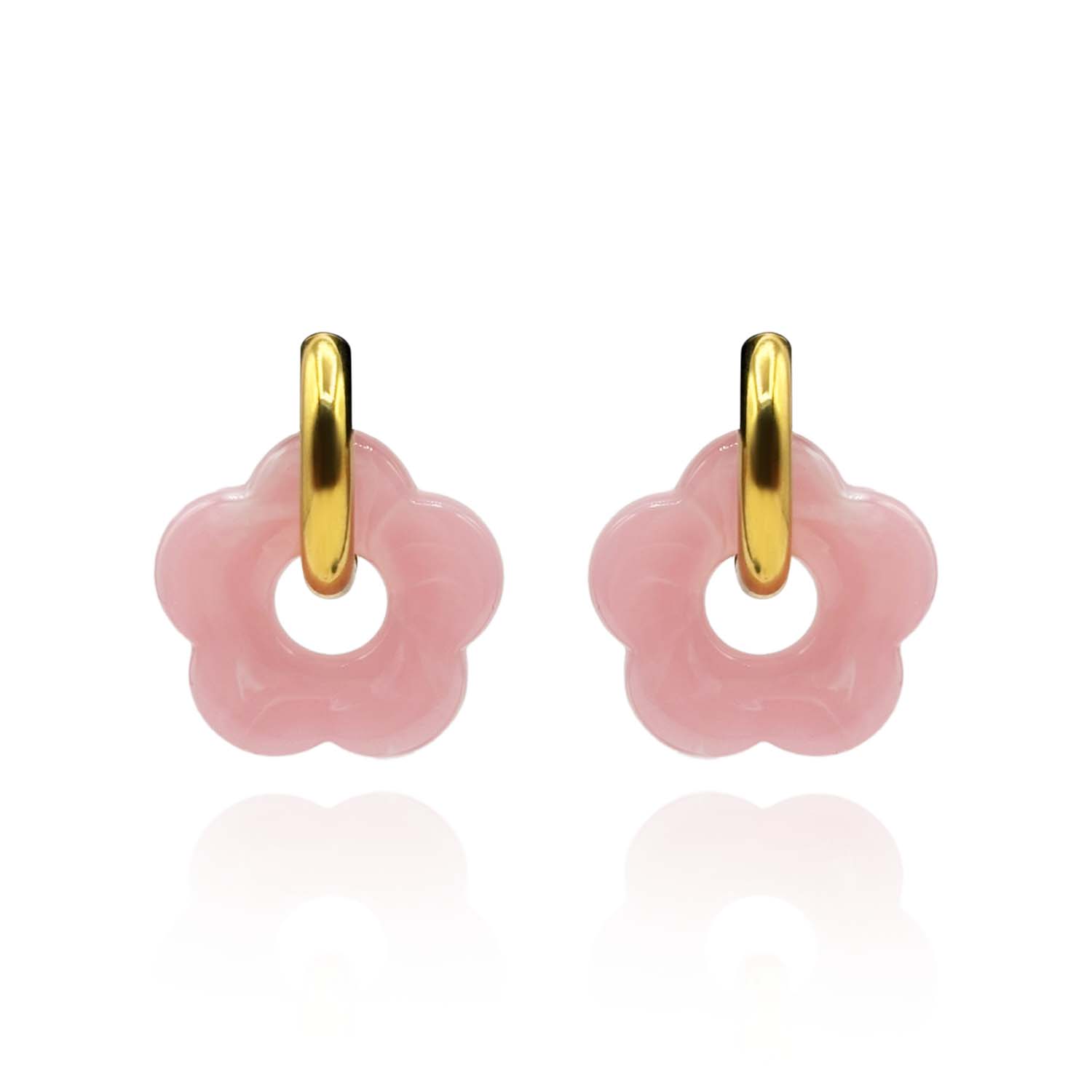 Rose Quartz Resin Floral Drops On Gold Hoops