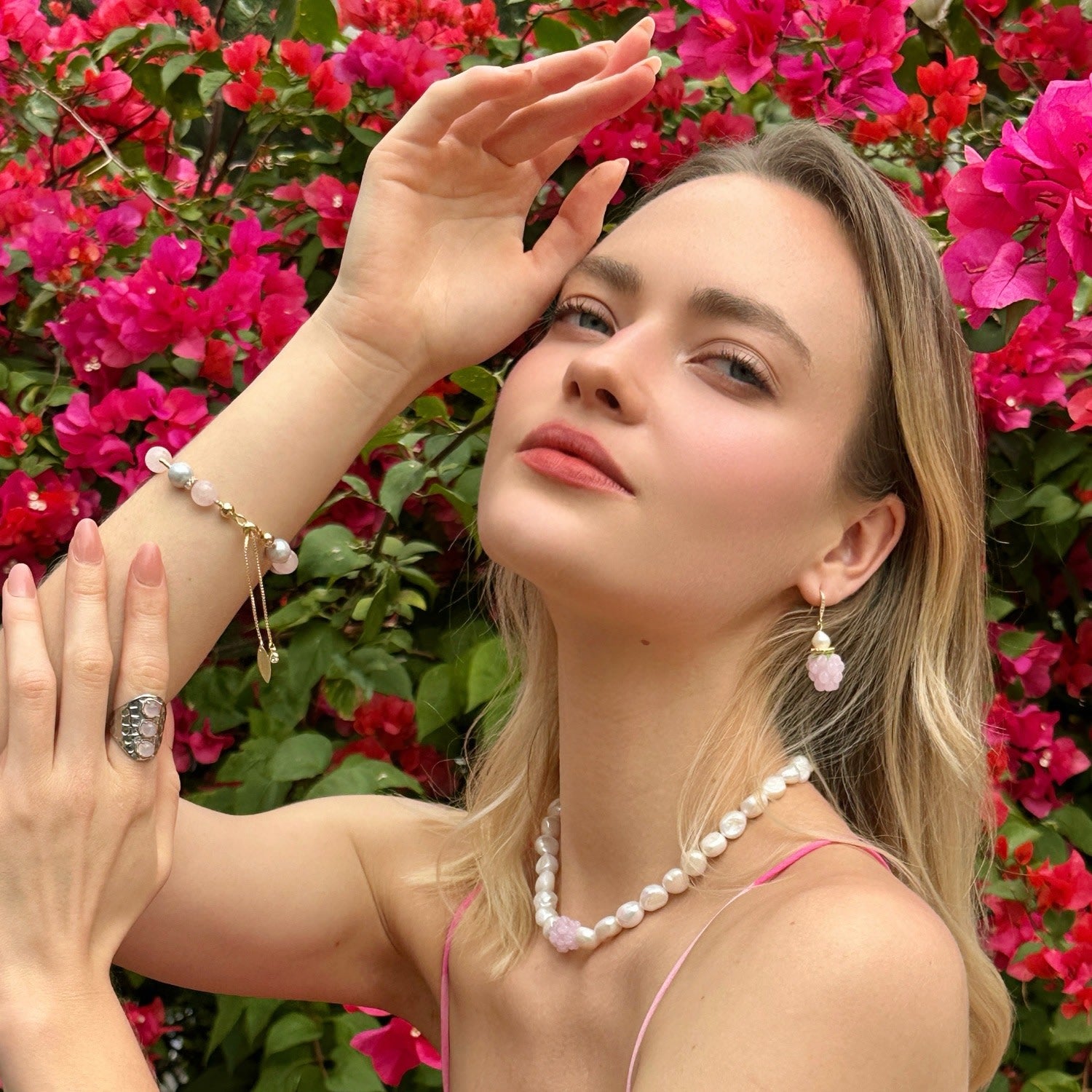 Rose Quartz Stones Nugget Adjustable Ring