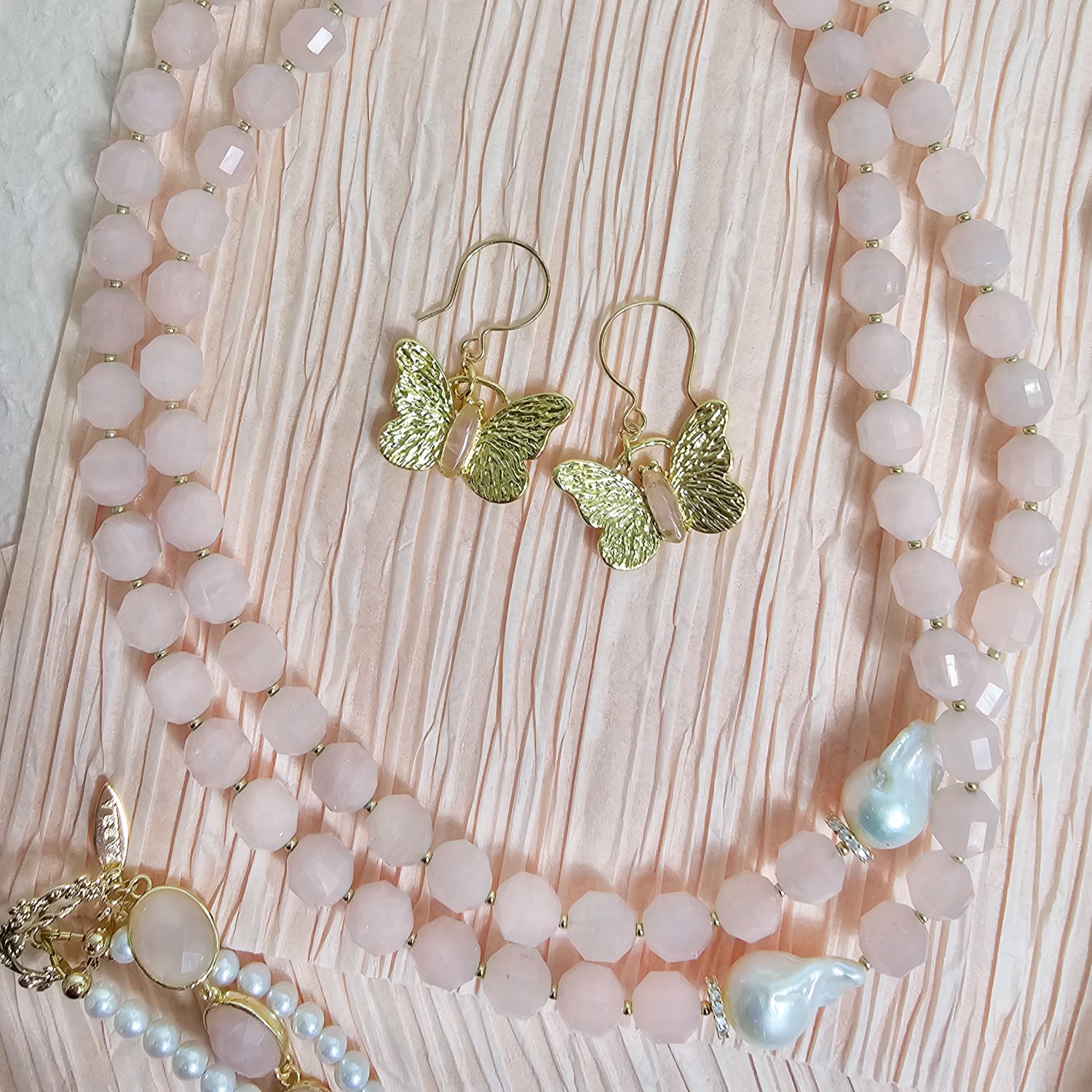 Rose Quartz With Baroque Pearls Double Layers Necklace