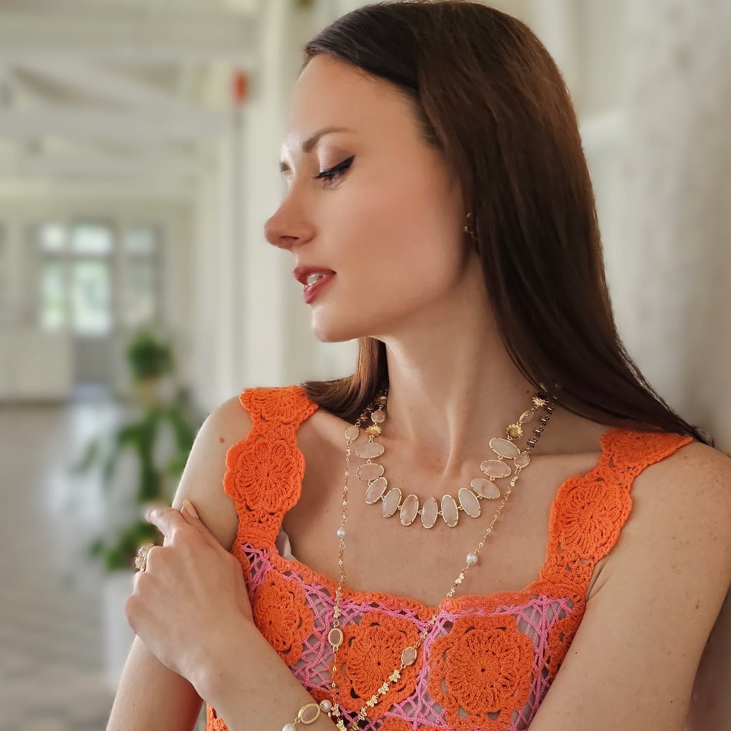 Rose Quartz With Flower Chain Statement Necklace