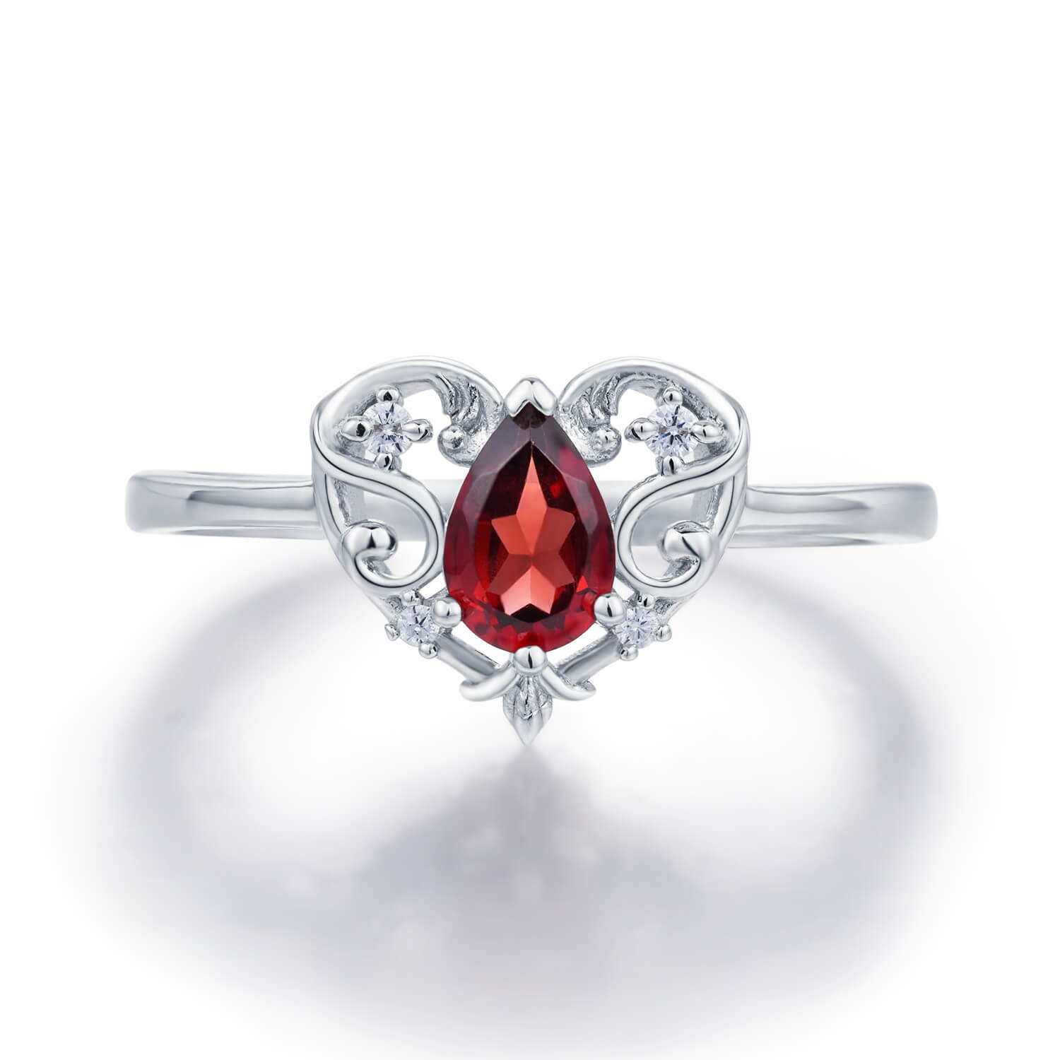 Rosy Heart Mozambique Red Garnet Ring White Gold Vermeil