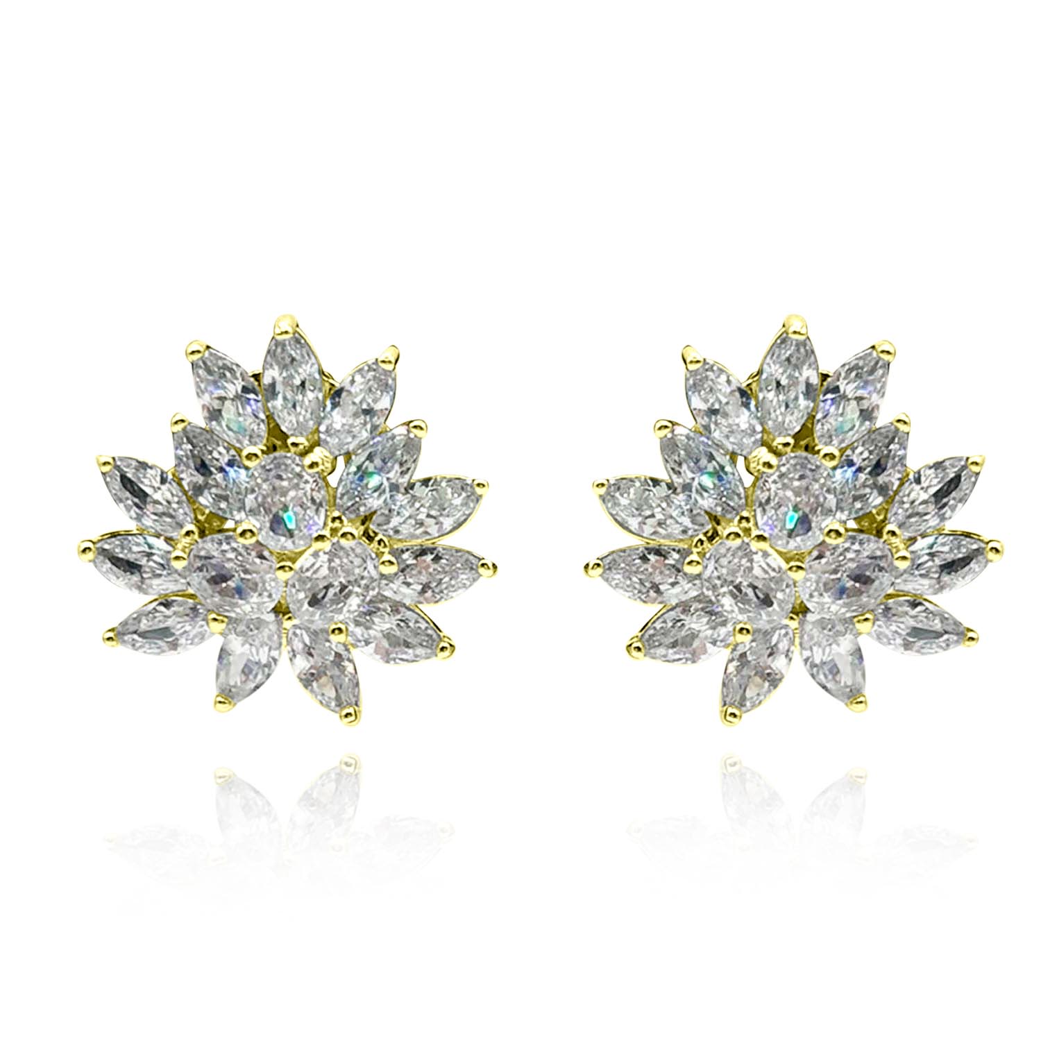 Round And Navette Gold Plated Cubic Zirconium Clip On Earrings