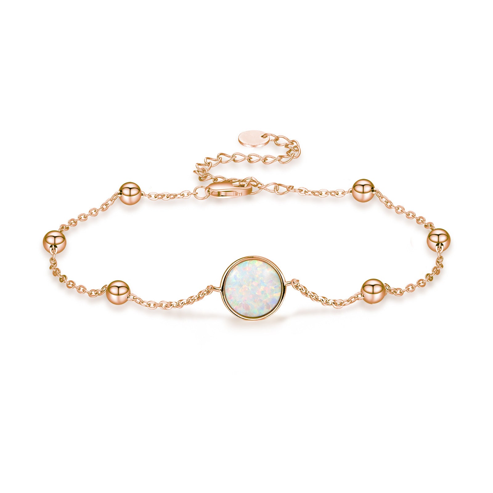 Sterling Silver with Rose Gold Plated Opal Round Charm Bracelet