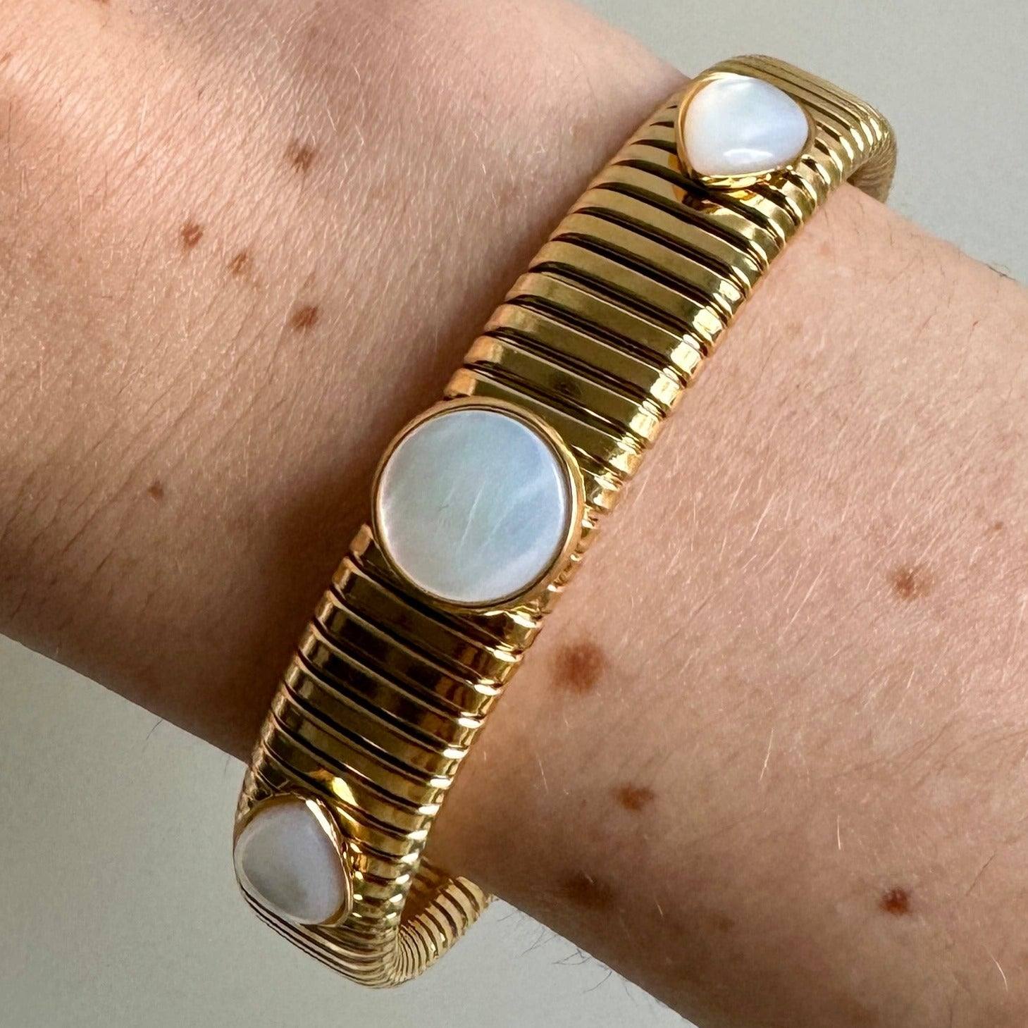 Round & Pear Shaped Mother Of Pearl Gold Omega Bracelet