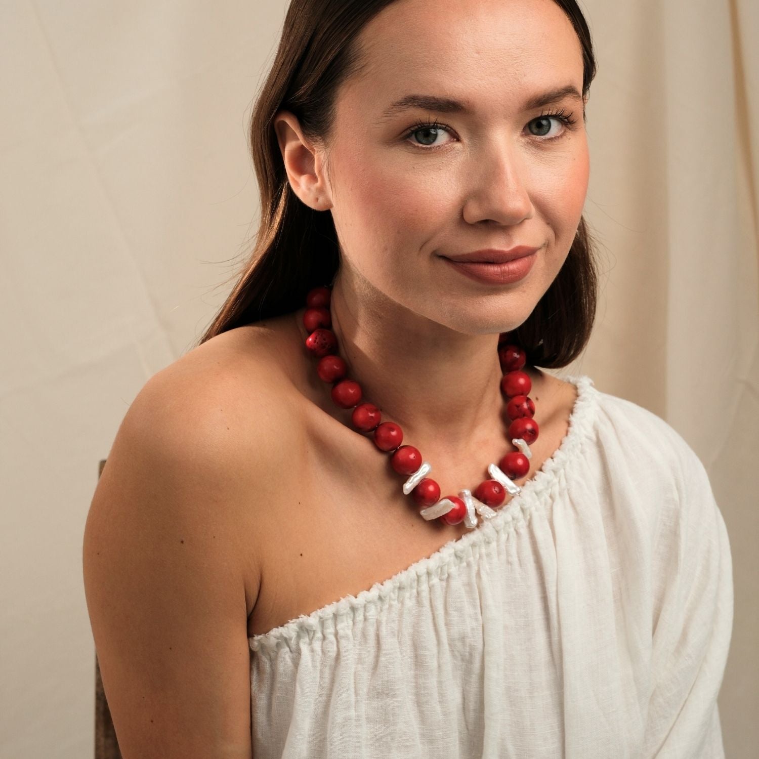 Round Red Coral Necklace With Thalassa Pearl