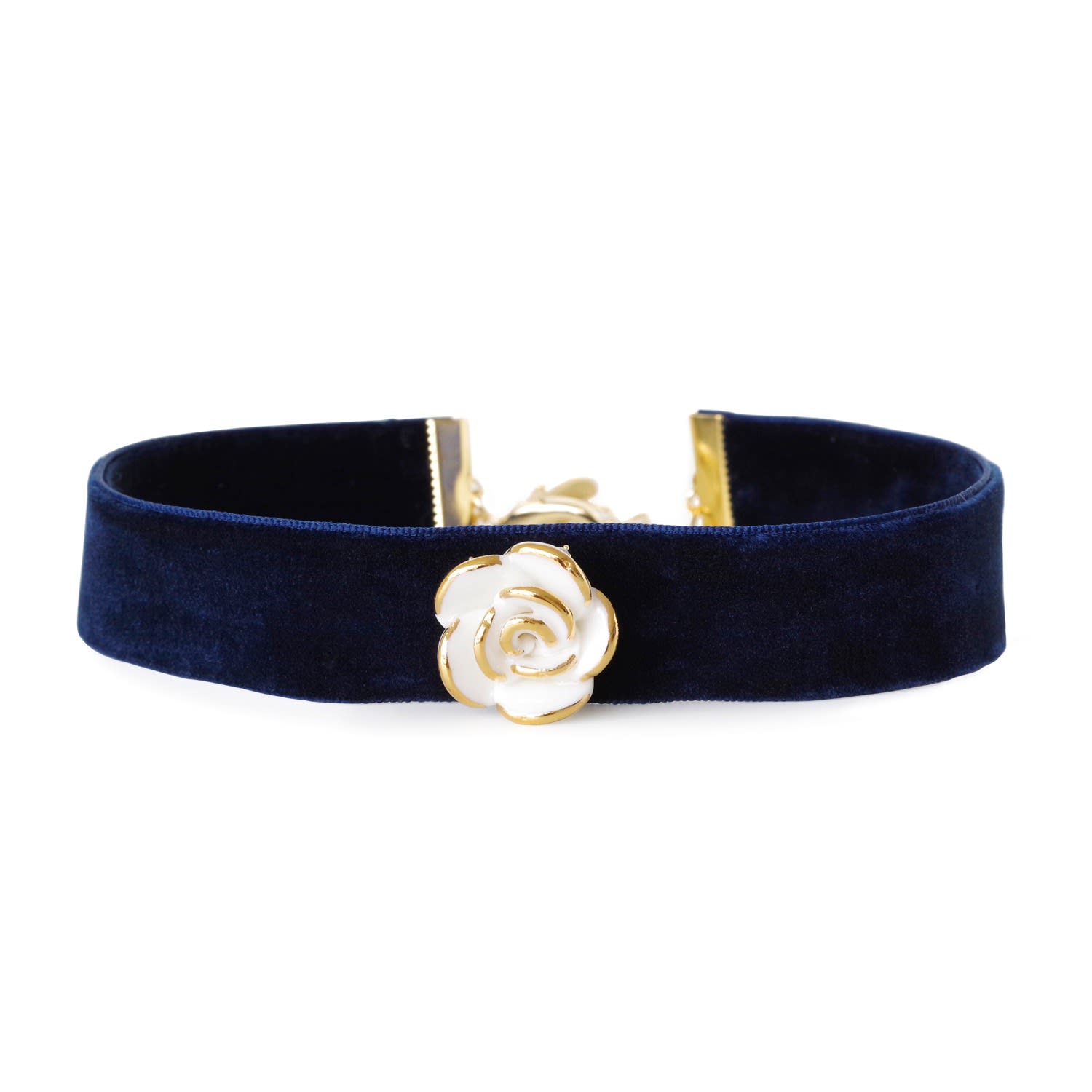 Golden White Cloud Rose Navy Velvet Choker