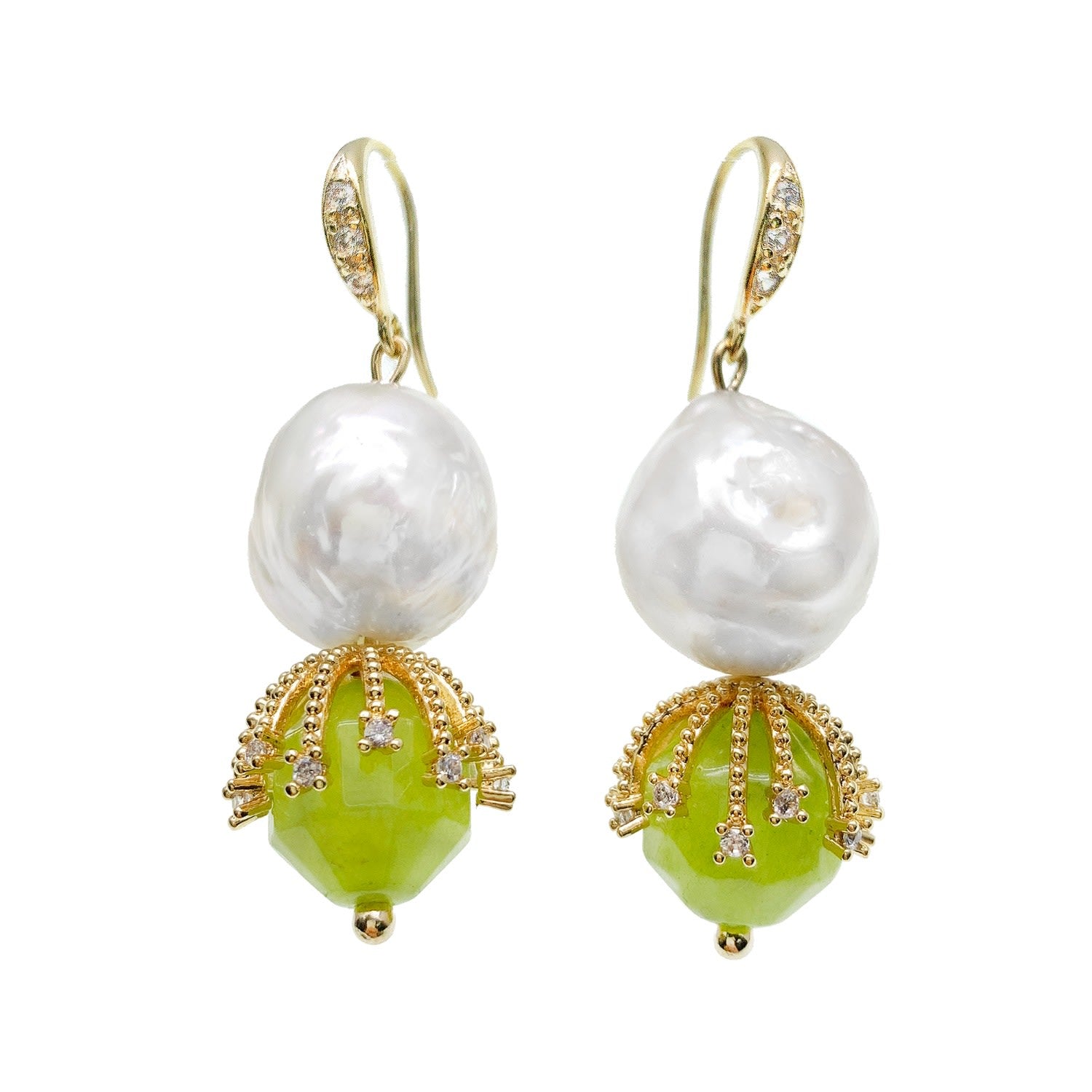 Irregular Freshwater Pearls With Grass Green Jade Dangle Earrings