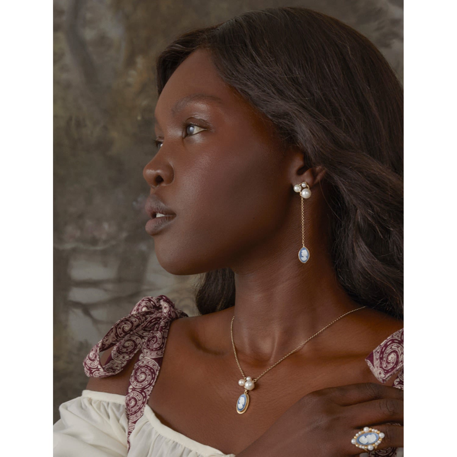 Lilith Gold-Plated Sky Blue Cameo And Pearl Necklace